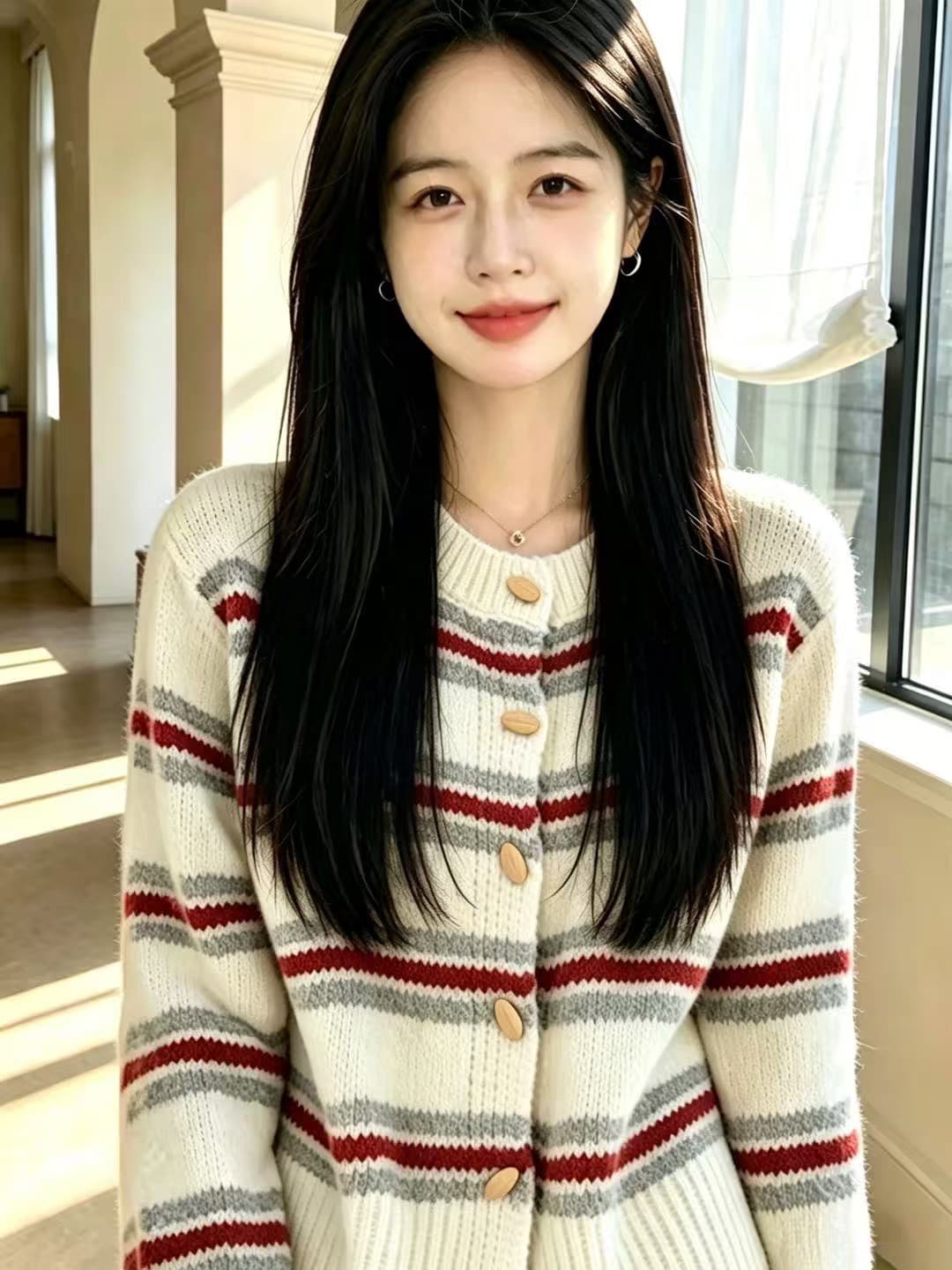 한 부서 분위기 센스 배색 스트라이프 스웨터 여성 코트 가을 겨울철 루즈핏 느긋한 바람 니트 오픈 가디건 부드러운 찹쌀 맨위 상세 이미지 4