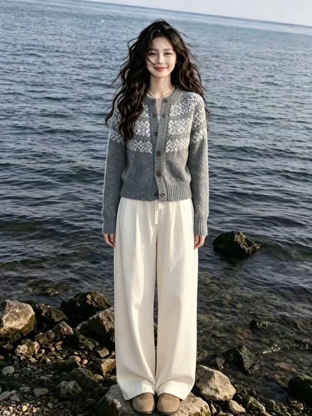 한 부서 레트로 느긋한 바람 자카드 라운드 넥 니트 맨위 바지 한 부서 전체 집합 ootd 착용 가져 가라. 아름다운 세트 이미지 2