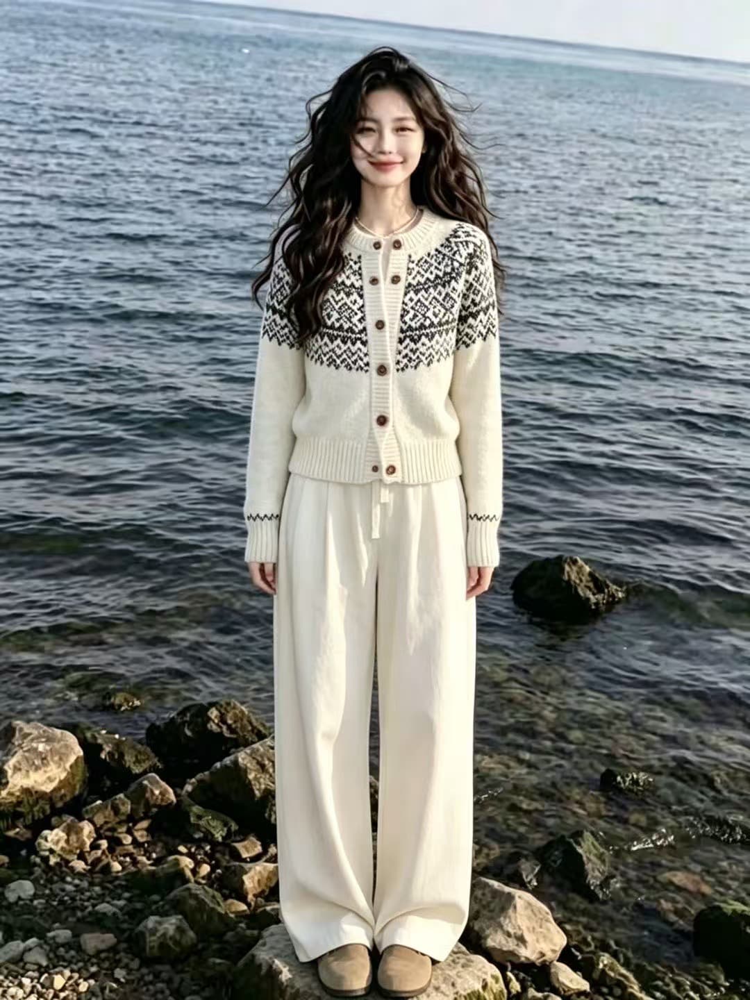 한 부서 레트로 느긋한 바람 자카드 라운드 넥 니트 맨위 바지 한 부서 전체 집합 ootd 착용 가져 가라. 아름다운 세트 이미지 3