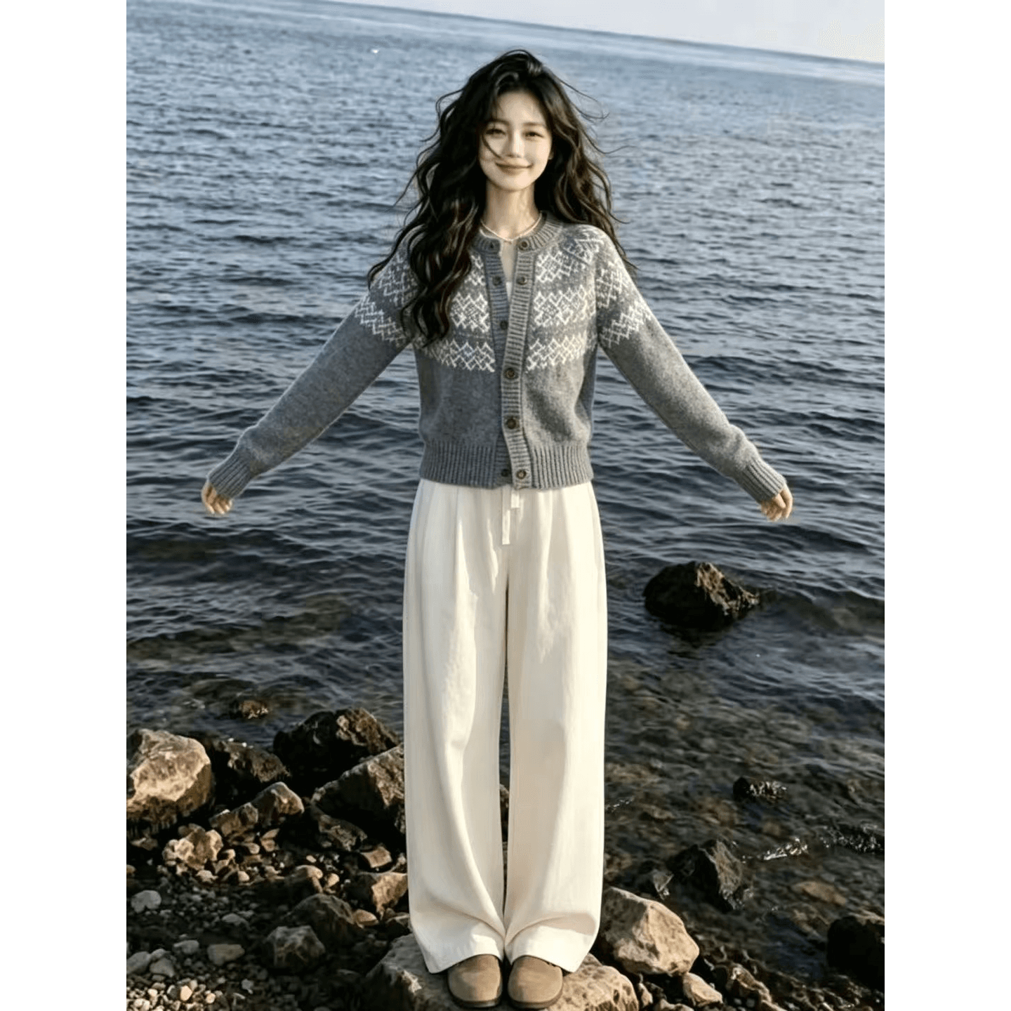 한 부서 레트로 느긋한 바람 자카드 라운드 넥 니트 맨위 바지 한 부서 전체 집합 ootd 착용 가져 가라. 아름다운 세트 이미지 5