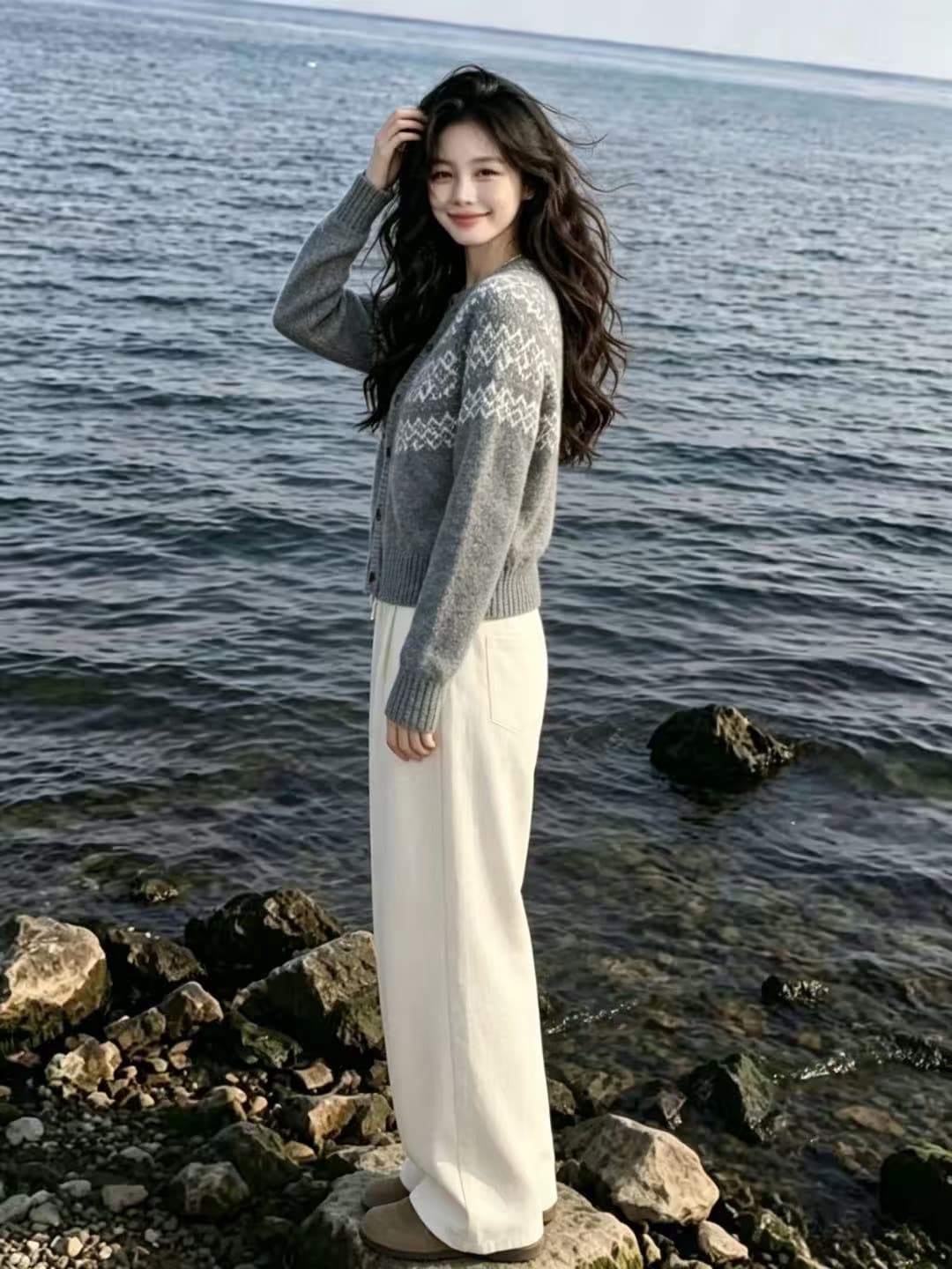 한 부서 레트로 느긋한 바람 자카드 라운드 넥 니트 맨위 바지 한 부서 전체 집합 ootd 착용 가져 가라. 아름다운 세트 상세 이미지 7