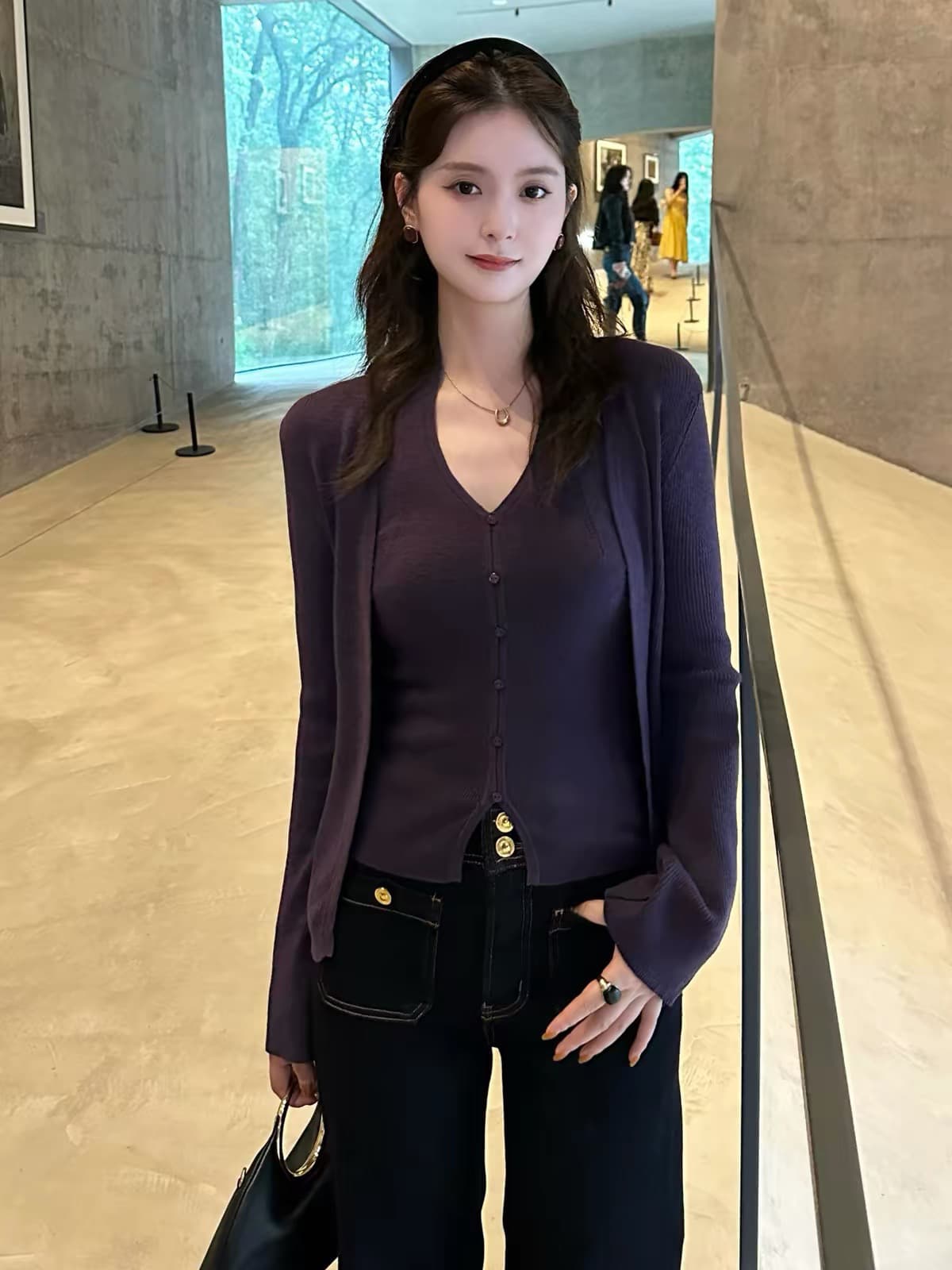 프랑스식 V넥 커피 색상 캐미솔 니트 오픈 가디건 두 조각 여성 세트 가을 착용 가져 가라. 몸매 가꾸기 슬림해 보이는 만나는 맨위 상세 이미지 7