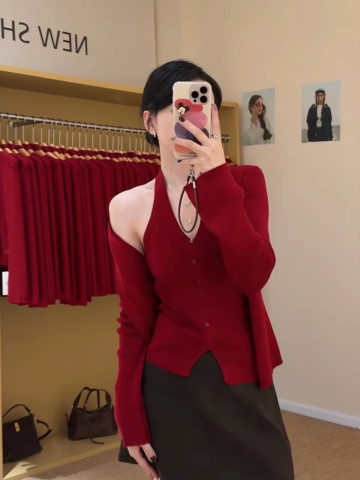 프랑스식 빨간색 작은 샤넬 스타일 두 조각 스타일 니트 오픈 가디건 여성 외부 가져 가라. 이른 가을 경기 슬립 스택 착용 쇼트 스타일 품격 세트 이미지 3