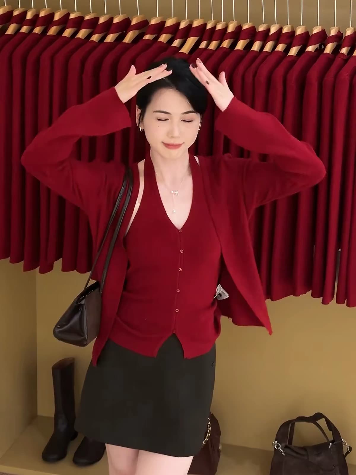프랑스식 빨간색 작은 샤넬 스타일 두 조각 스타일 니트 오픈 가디건 여성 외부 가져 가라. 이른 가을 경기 슬립 스택 착용 쇼트 스타일 품격 세트 이미지 4