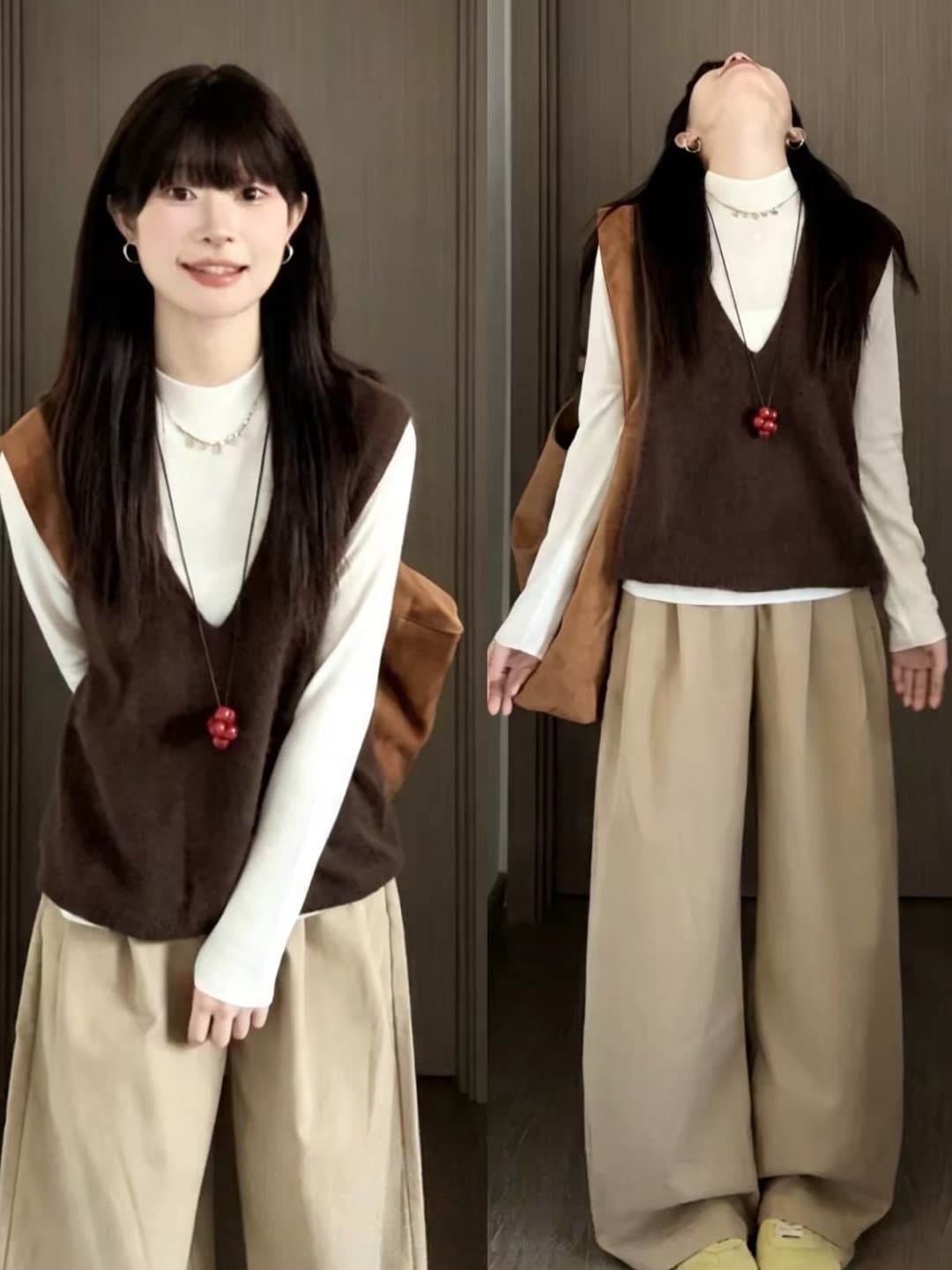한 부서 깊은 커피 색상 V넥 베스트 조끼 여성 가을 겨울 새로운 스택 착용 민소매 니트 스웨터 몸매 가꾸기 슬림해 보이는 3종 세트 상세 이미지 1