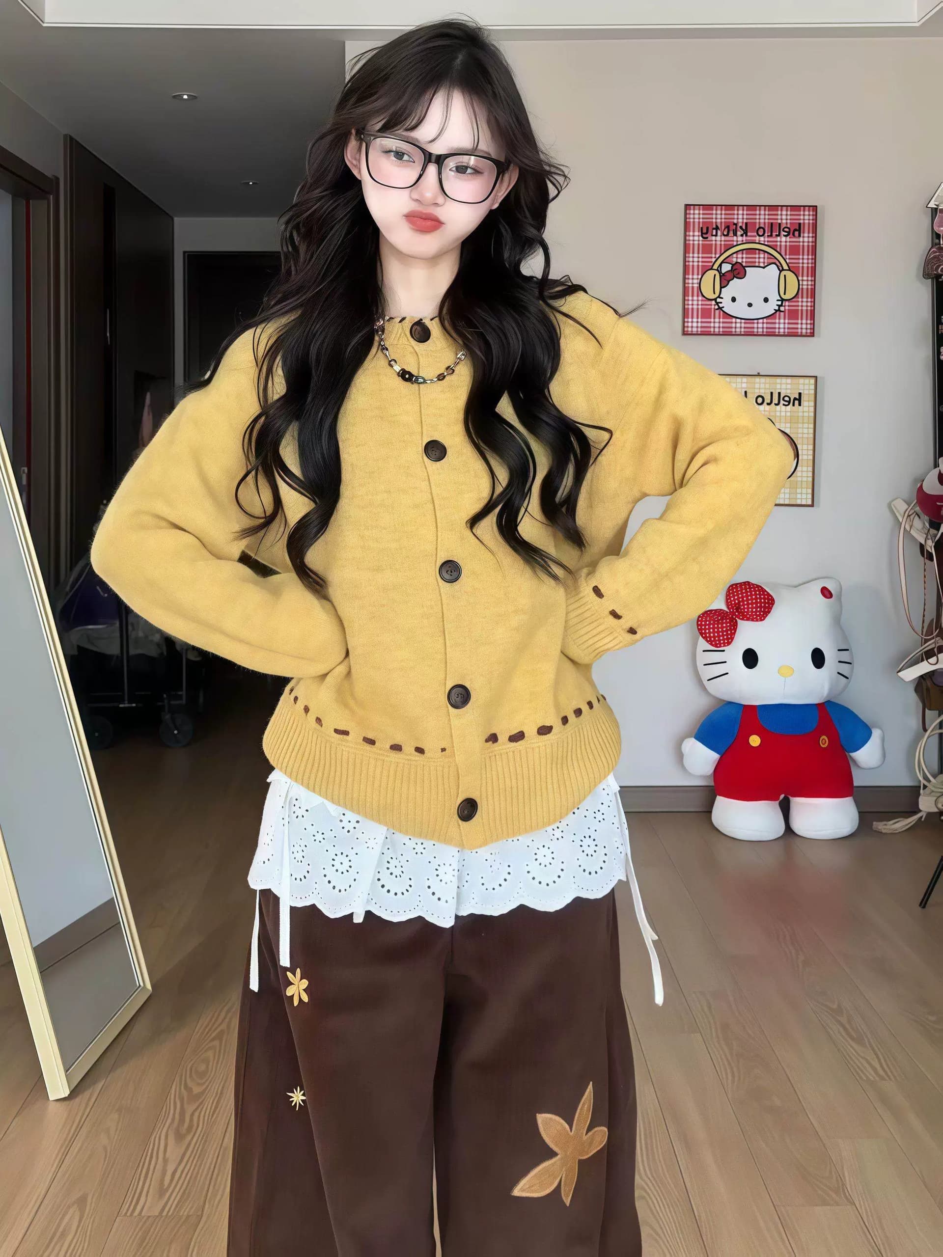 한 부서 황색 스웨터 여자 가을 겨울철 느긋한 루즈핏 라운드 넥 모직물 맨위 고급 센스 니트 오픈 가디건 수 있습니다. 외출용 상세 이미지 2