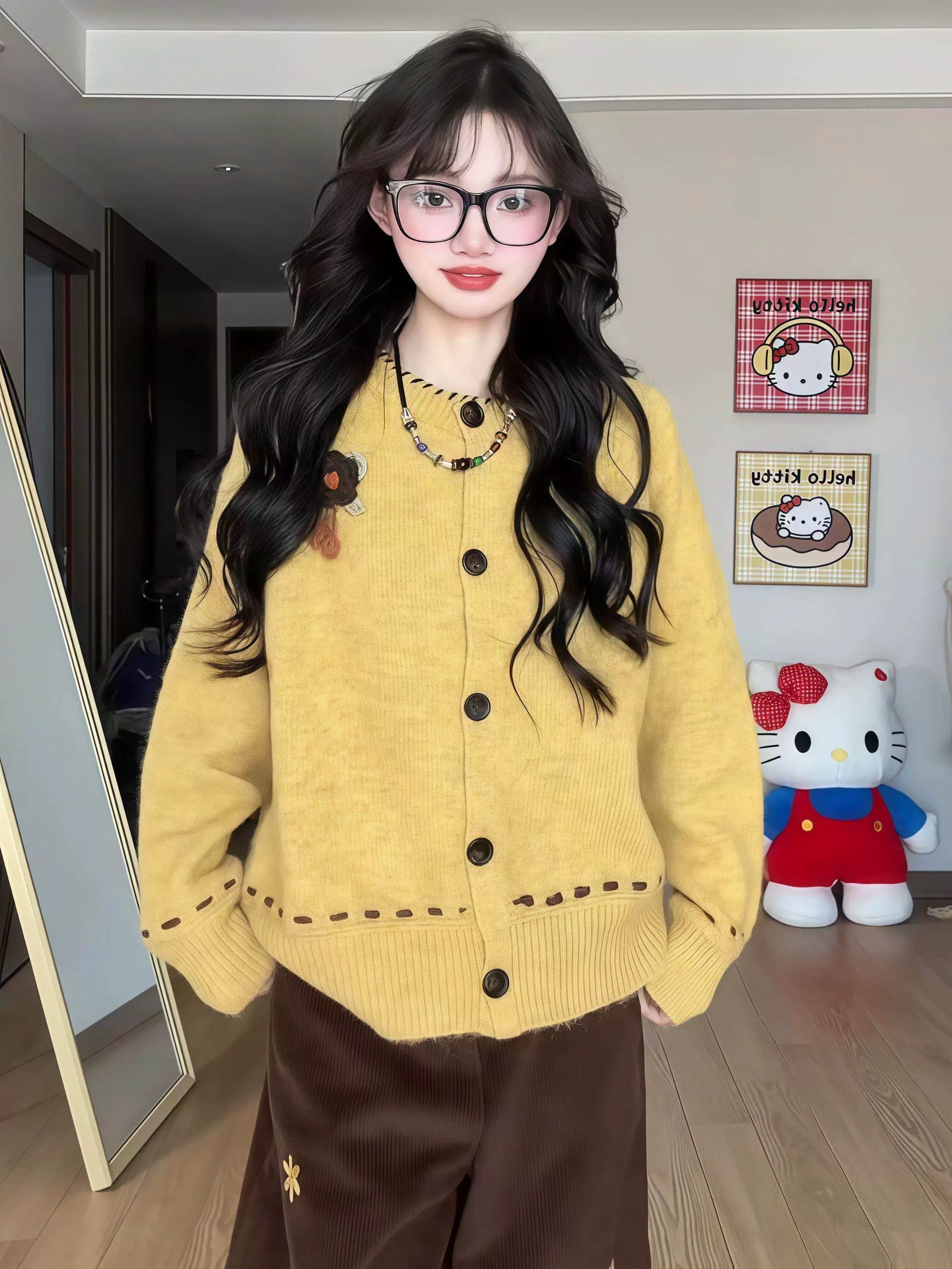 한 부서 황색 스웨터 여자 가을 겨울철 느긋한 루즈핏 라운드 넥 모직물 맨위 고급 센스 니트 오픈 가디건 수 있습니다. 외출용 상세 이미지 3