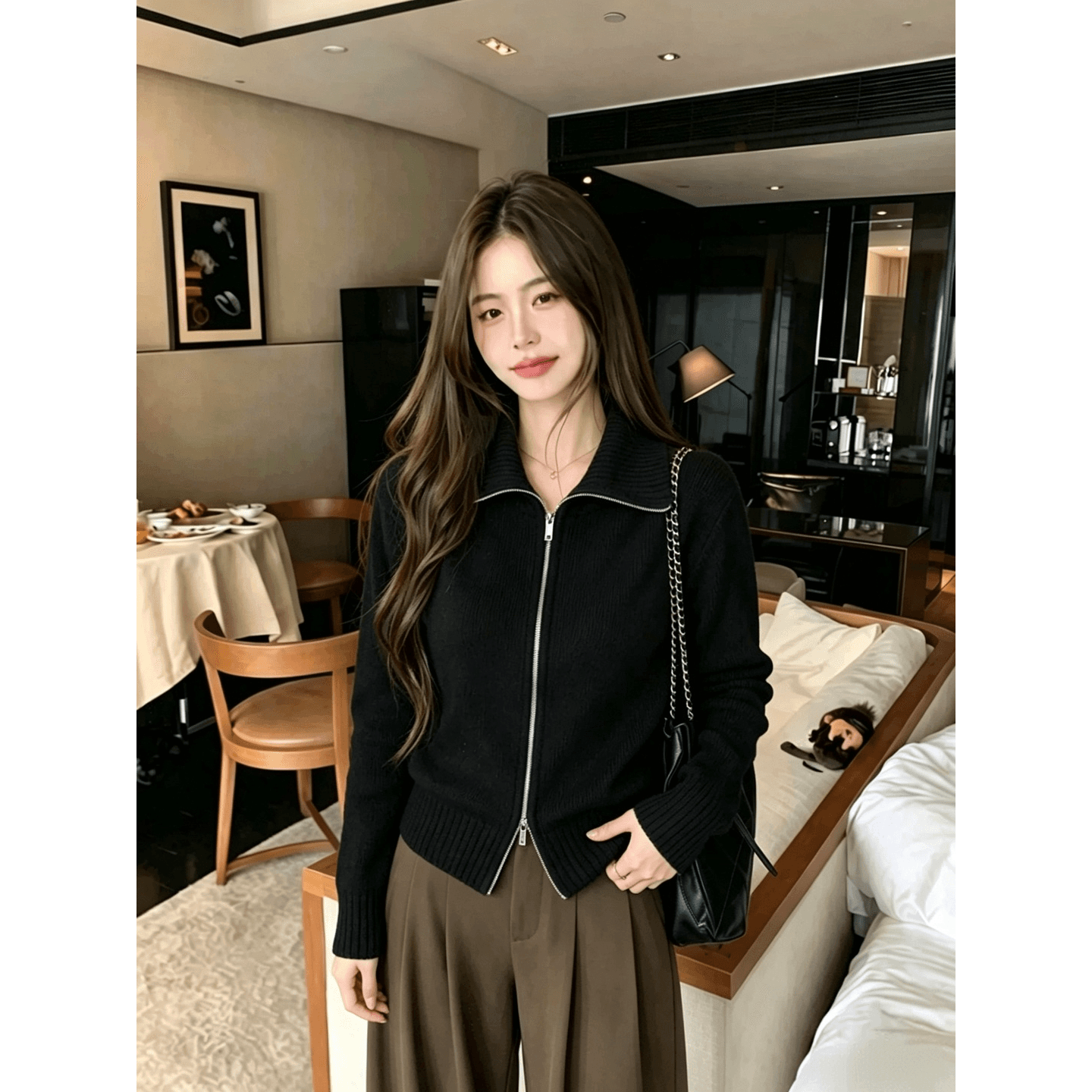 가을 겨울 새로운 스탠드 칼라 스웨터 오픈 가디건 여성 더블 지퍼 니트 재킷 맨위 이미지 5