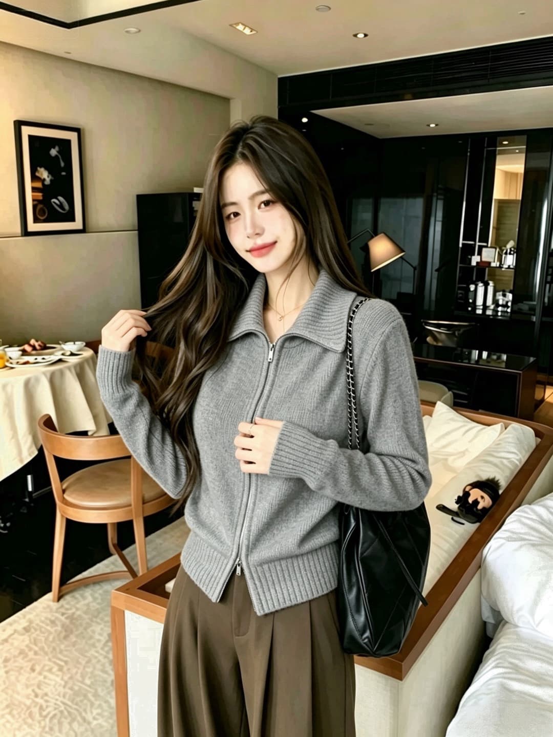 가을 겨울 새로운 스탠드 칼라 스웨터 오픈 가디건 여성 더블 지퍼 니트 재킷 맨위 상세 이미지 5