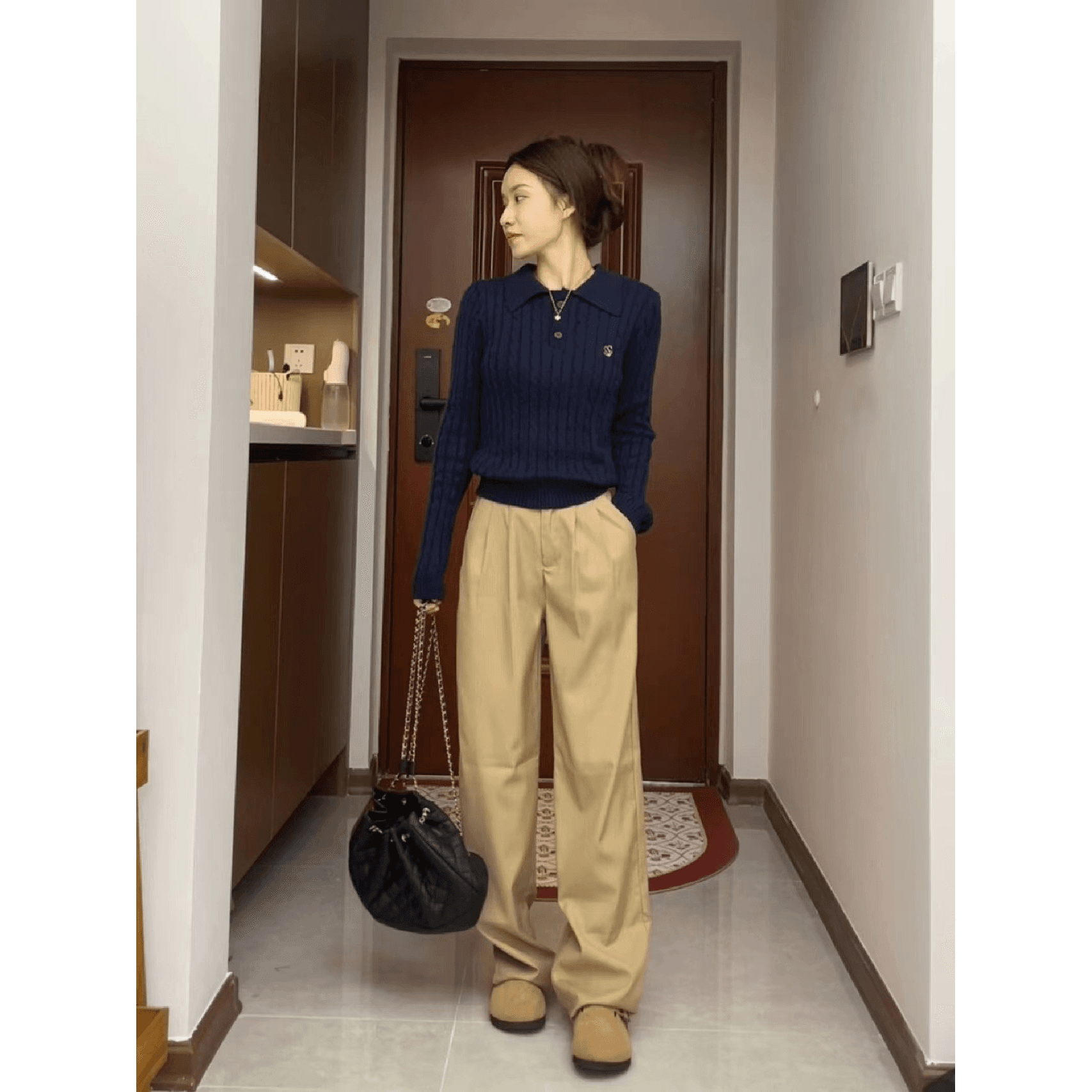 학원 스타일 니트 스웨터 긴팔 스웨터 여자 가을 겨울 느긋한 부드러운 찹쌀 마 무늬 POLO 칼라 몸매 가꾸기 기본 셔츠 맨위 이미지 5