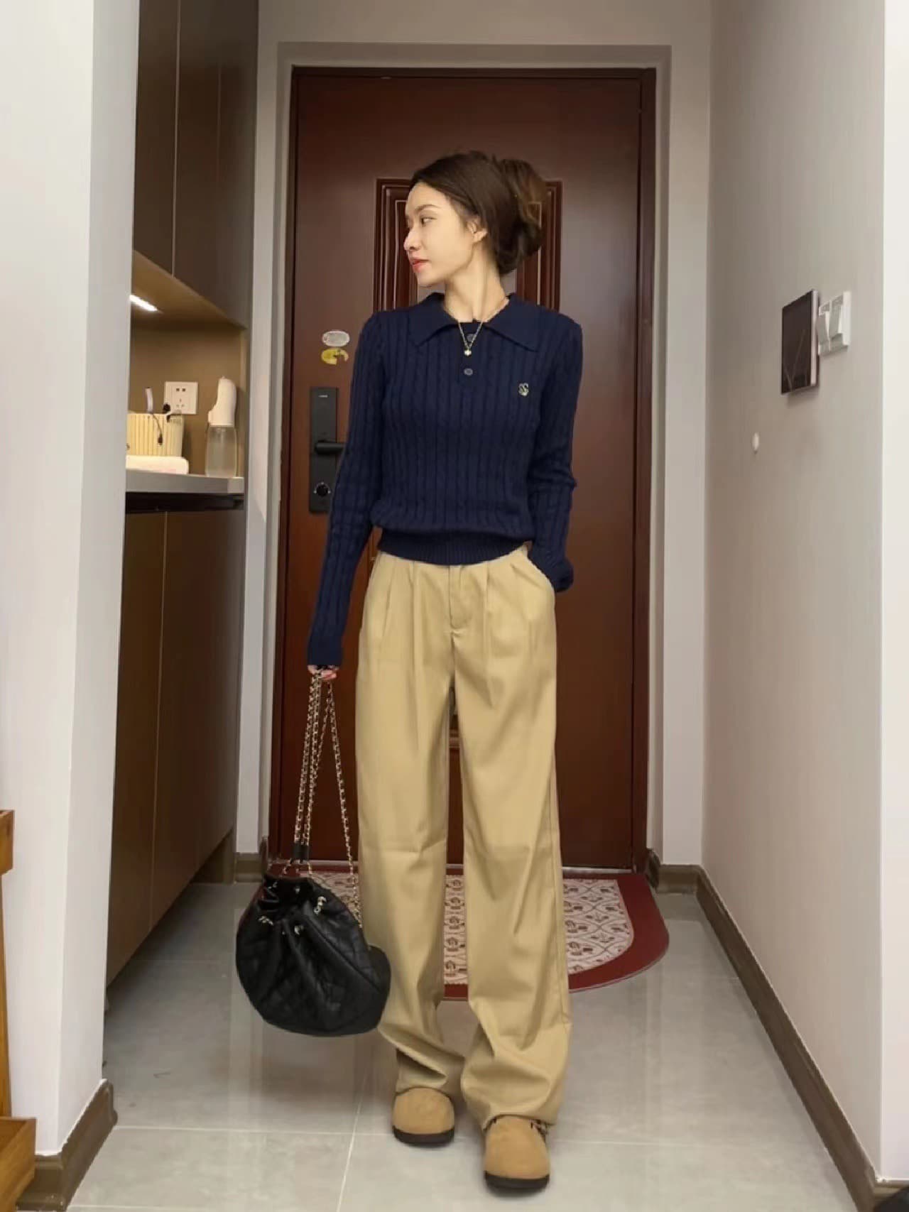 학원 스타일 니트 스웨터 긴팔 스웨터 여자 가을 겨울 느긋한 부드러운 찹쌀 마 무늬 POLO 칼라 몸매 가꾸기 기본 셔츠 맨위 상세 이미지 5