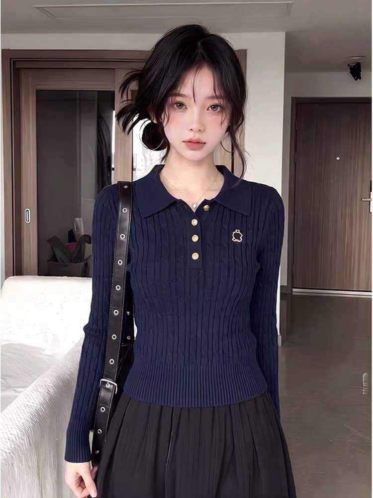 해군 polo 폴로 칼라 긴팔 니트 스웨터 여성 이른 가을 겨울 몸매 가꾸기 쇼트 스타일 인사이드 가져 가라. 만나는 작은 키 맨위 이미지 3