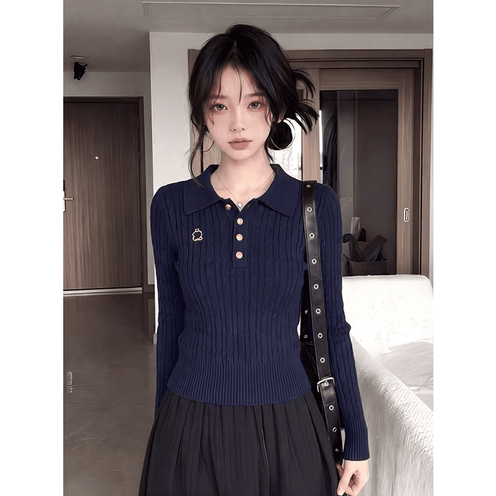 해군 polo 폴로 칼라 긴팔 니트 스웨터 여성 이른 가을 겨울 몸매 가꾸기 쇼트 스타일 인사이드 가져 가라. 만나는 작은 키 맨위 이미지 5