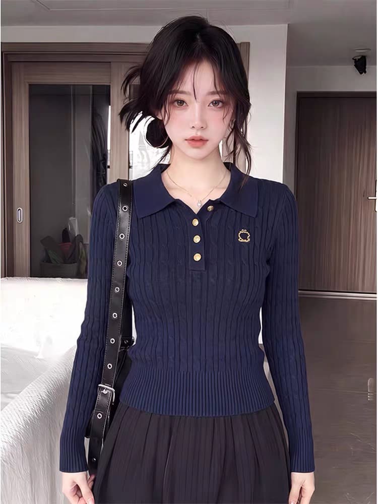 해군 polo 폴로 칼라 긴팔 니트 스웨터 여성 이른 가을 겨울 몸매 가꾸기 쇼트 스타일 인사이드 가져 가라. 만나는 작은 키 맨위 상세 이미지 1