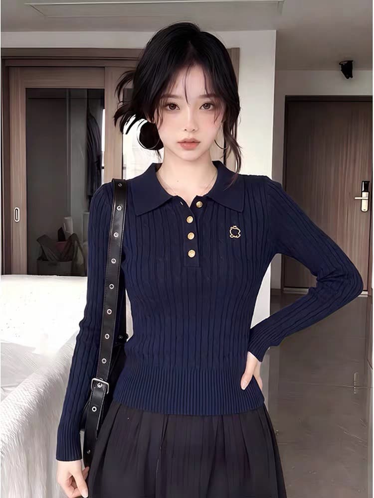 해군 polo 폴로 칼라 긴팔 니트 스웨터 여성 이른 가을 겨울 몸매 가꾸기 쇼트 스타일 인사이드 가져 가라. 만나는 작은 키 맨위 상세 이미지 2
