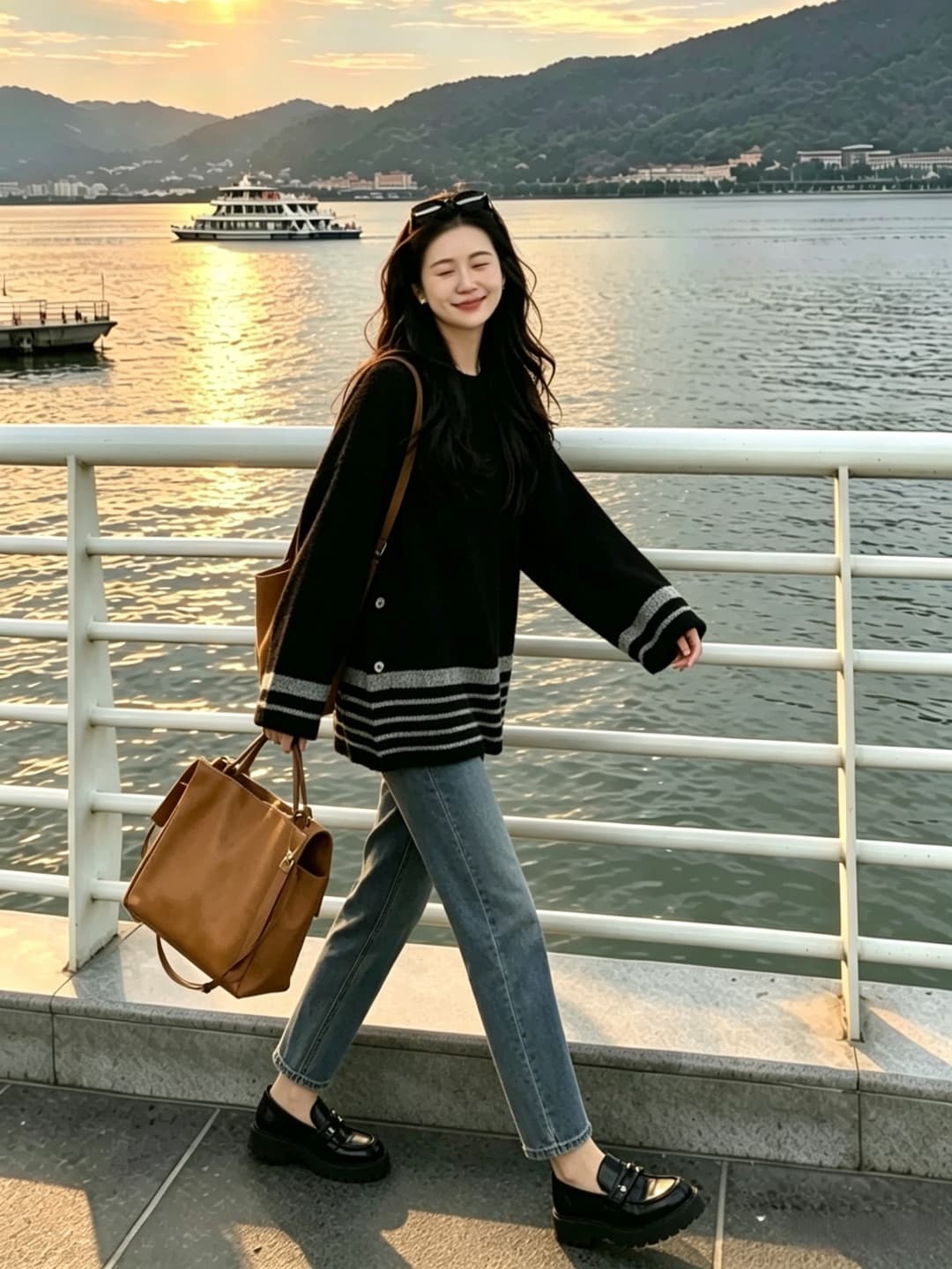 가을 겨울 한 부서 자이언트 잘 생긴 스트라이프 니트 스웨터 청바지 표지 배 슬림해 보이는 배색 고급 센스 품격 세트 여성 상세 이미지 2