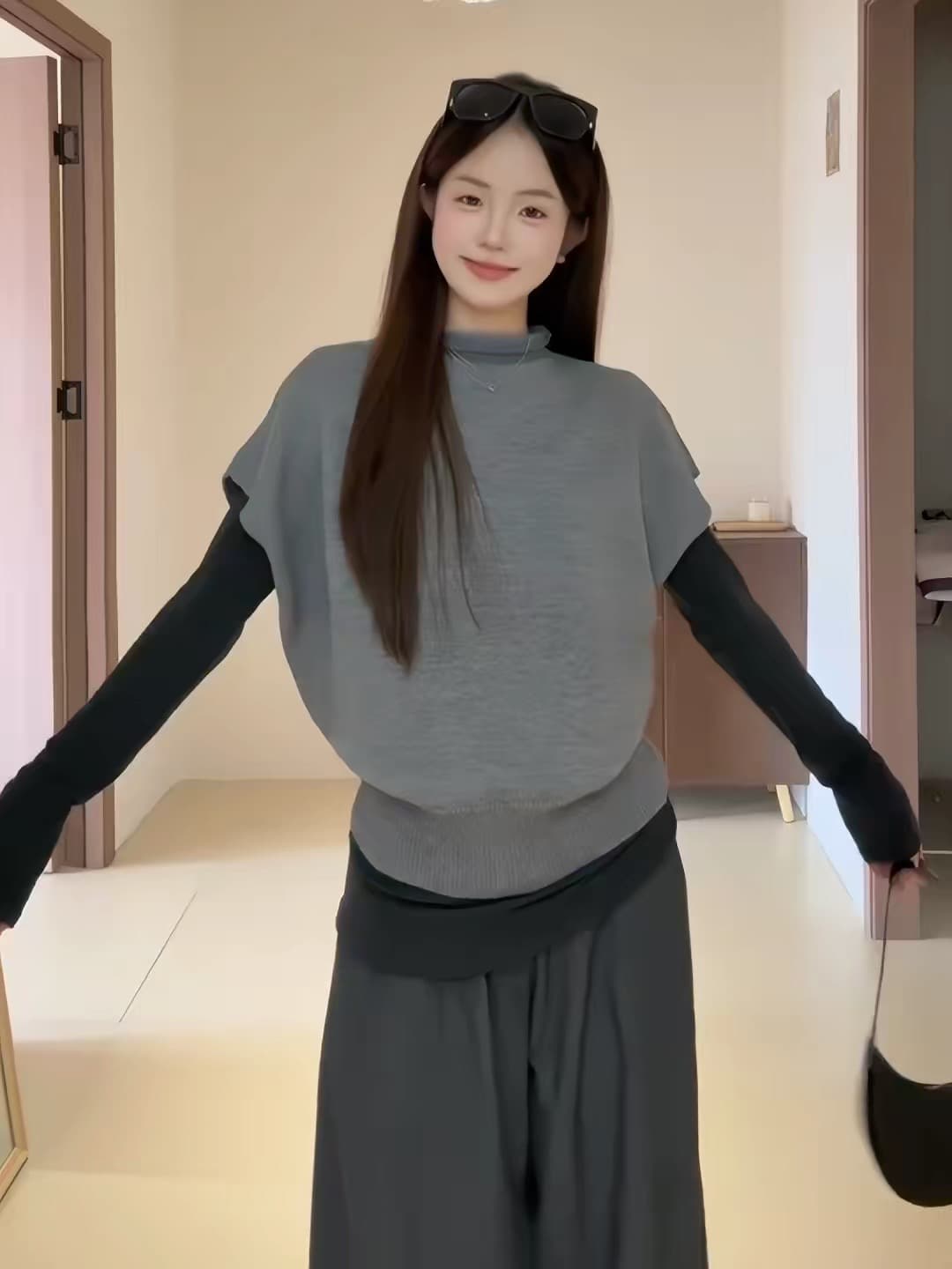 회색 반하이넥 니트 베스트 조끼 여성 가을 겨울철 느긋한 바람 루즈핏 민소매 스택 착용 스웨터 조끼 세트 이미지 4
