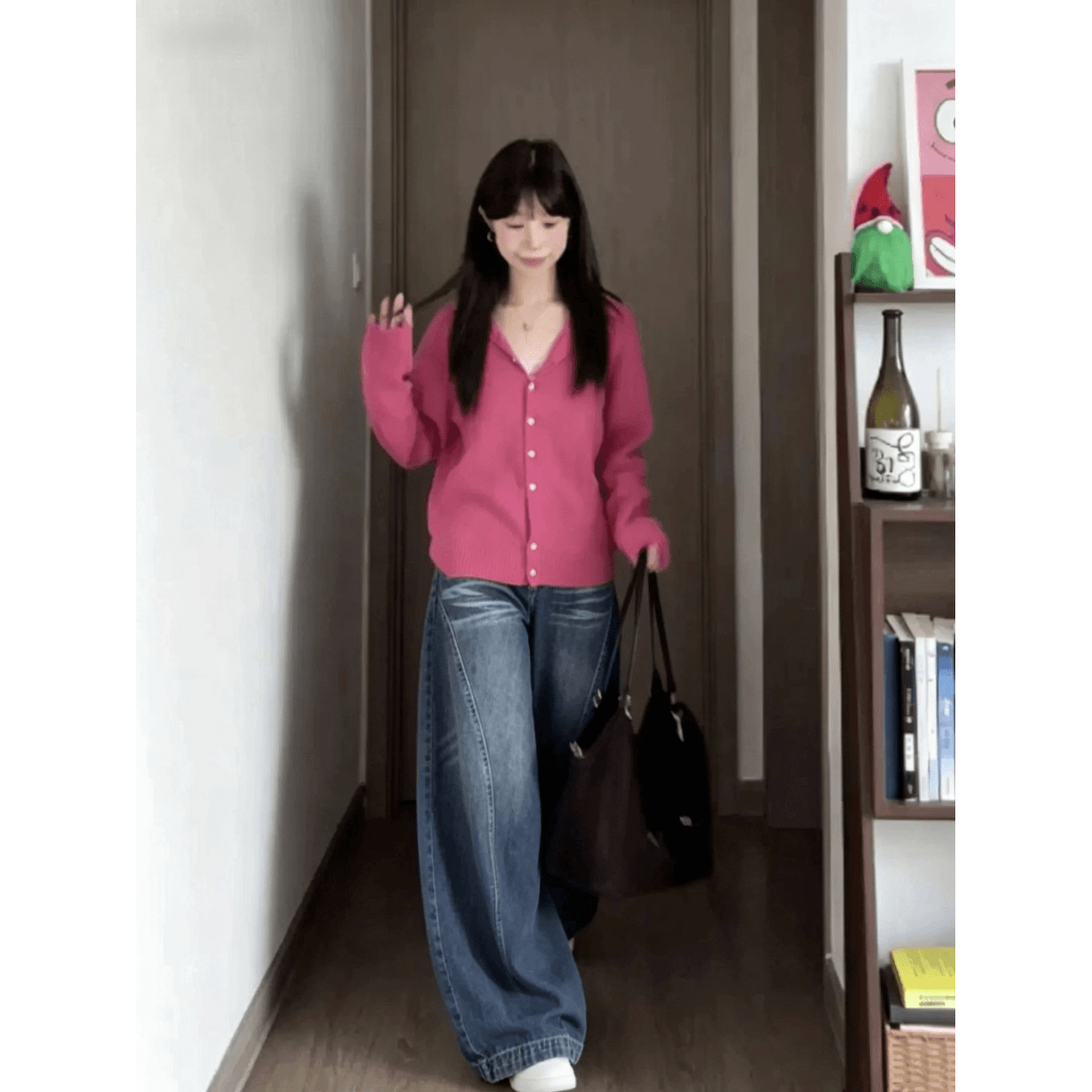 한 부서 캐주얼 후드 니트 오픈 가디건 여성 가을 새로운 루즈핏 슬림해 보이는 외출용 스웨터 코트 청바지 세트 이미지 5