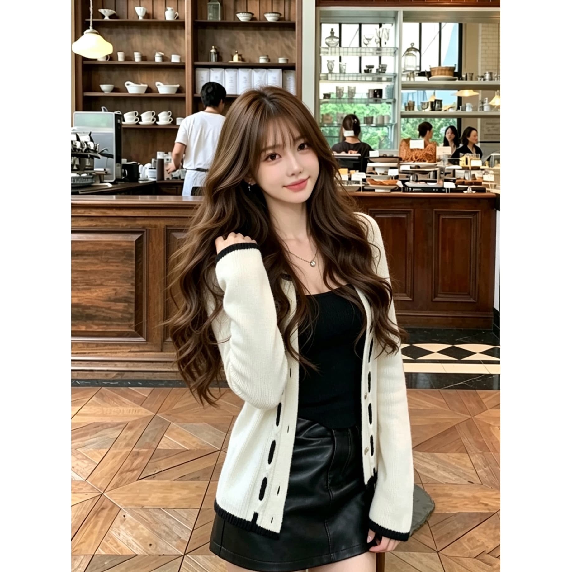 착용 로프 디자인 샤오시엔 100 양모 기초 다용도 흑인과 백인 패치워크 색상 니트 카디건 코트 이미지 5