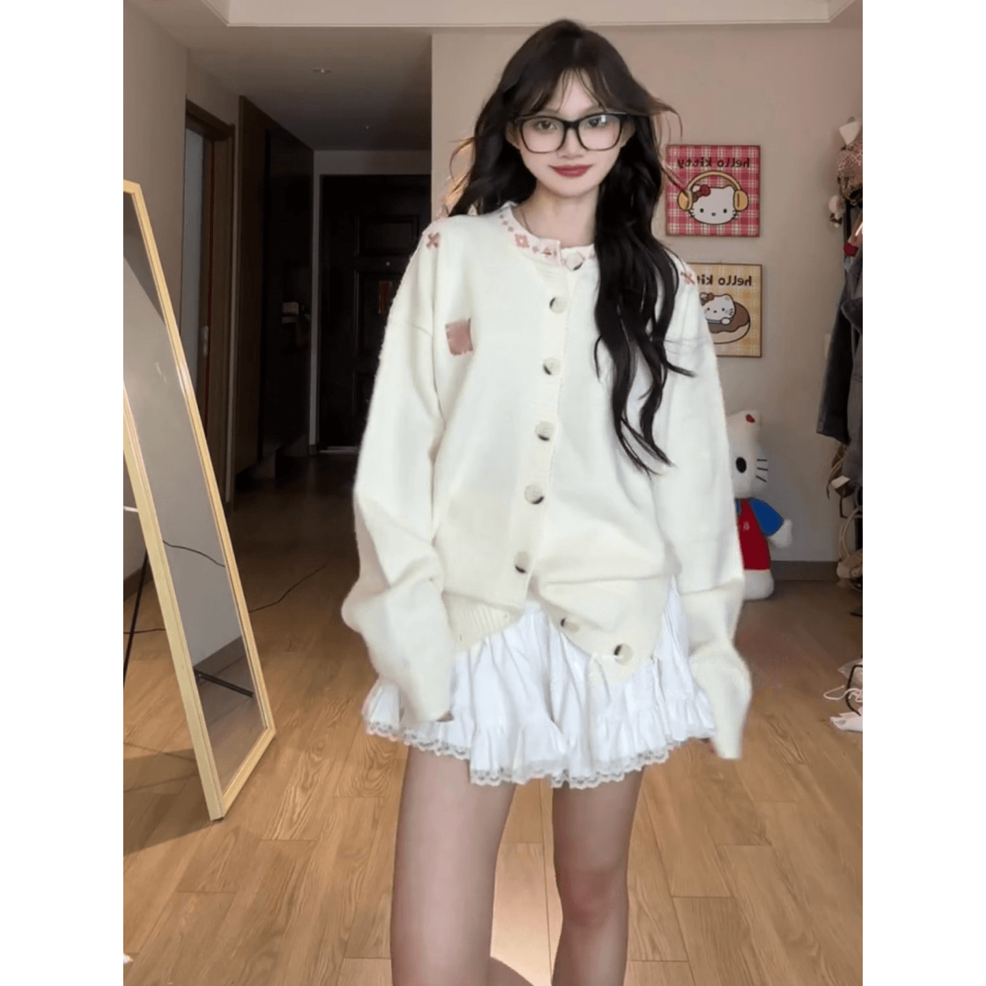 가을 겨울 민족 기하학 자카드 니트 라운드 넥 카디건 코트 반신 스커트 한 부서 자이언트 잘 생긴 연령 감소 세트 이미지 5
