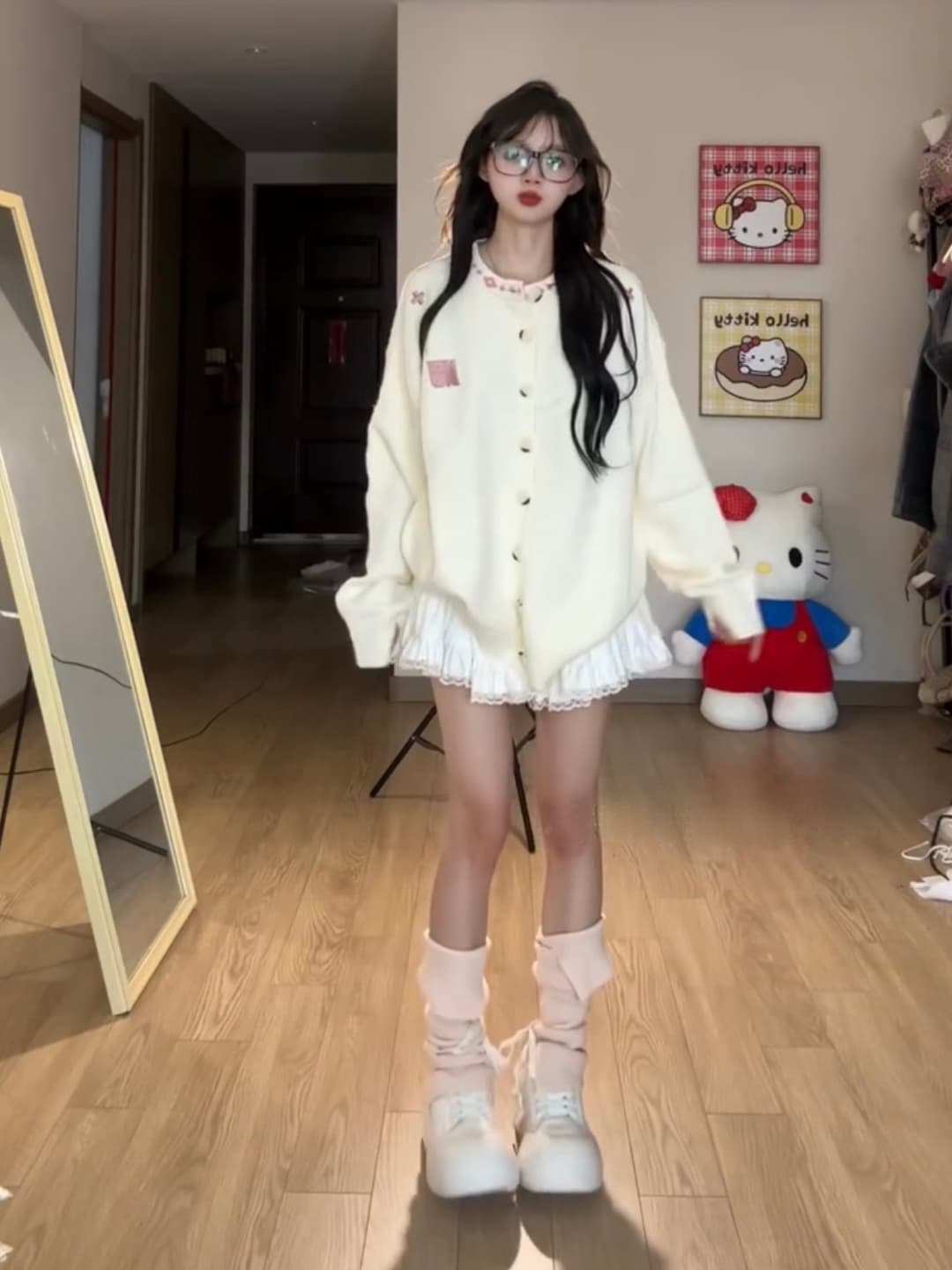 가을 겨울 민족 기하학 자카드 니트 라운드 넥 카디건 코트 반신 스커트 한 부서 자이언트 잘 생긴 연령 감소 세트 상세 이미지 3