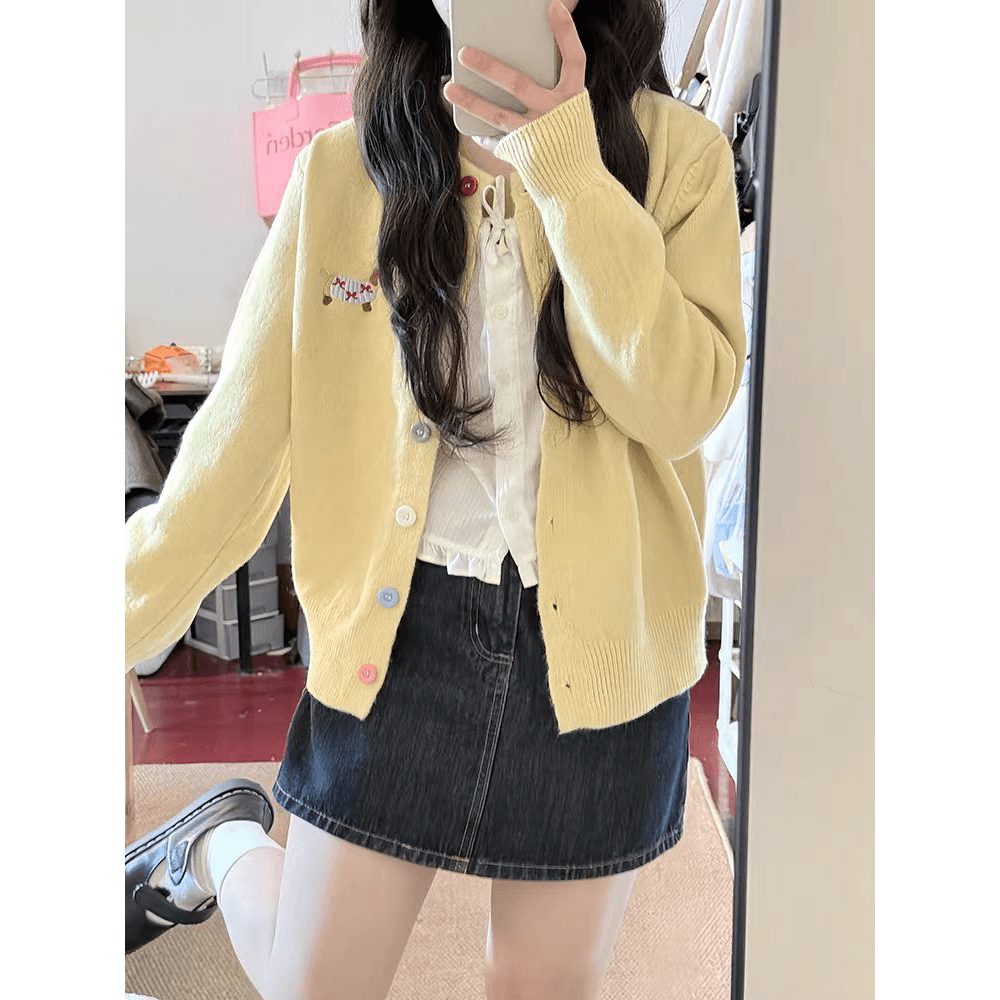 한 부서 새로운 봄 가을 황색 자수 스웨터 코트 반신 스커트 루즈핏 느긋한 바람 슬림해 보이는 니트 세트 여성 이미지 5