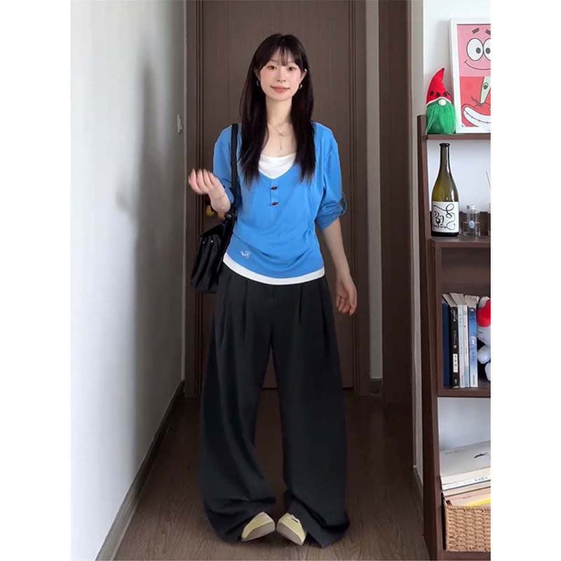 가을 2026 얇은 스타일 페이크 레이어드 긴팔 맨위 여성 한 부서 작은 대중 디자인 센스 허리 수축 슬림해 보이는 Chic 티셔츠 상세 이미지 3