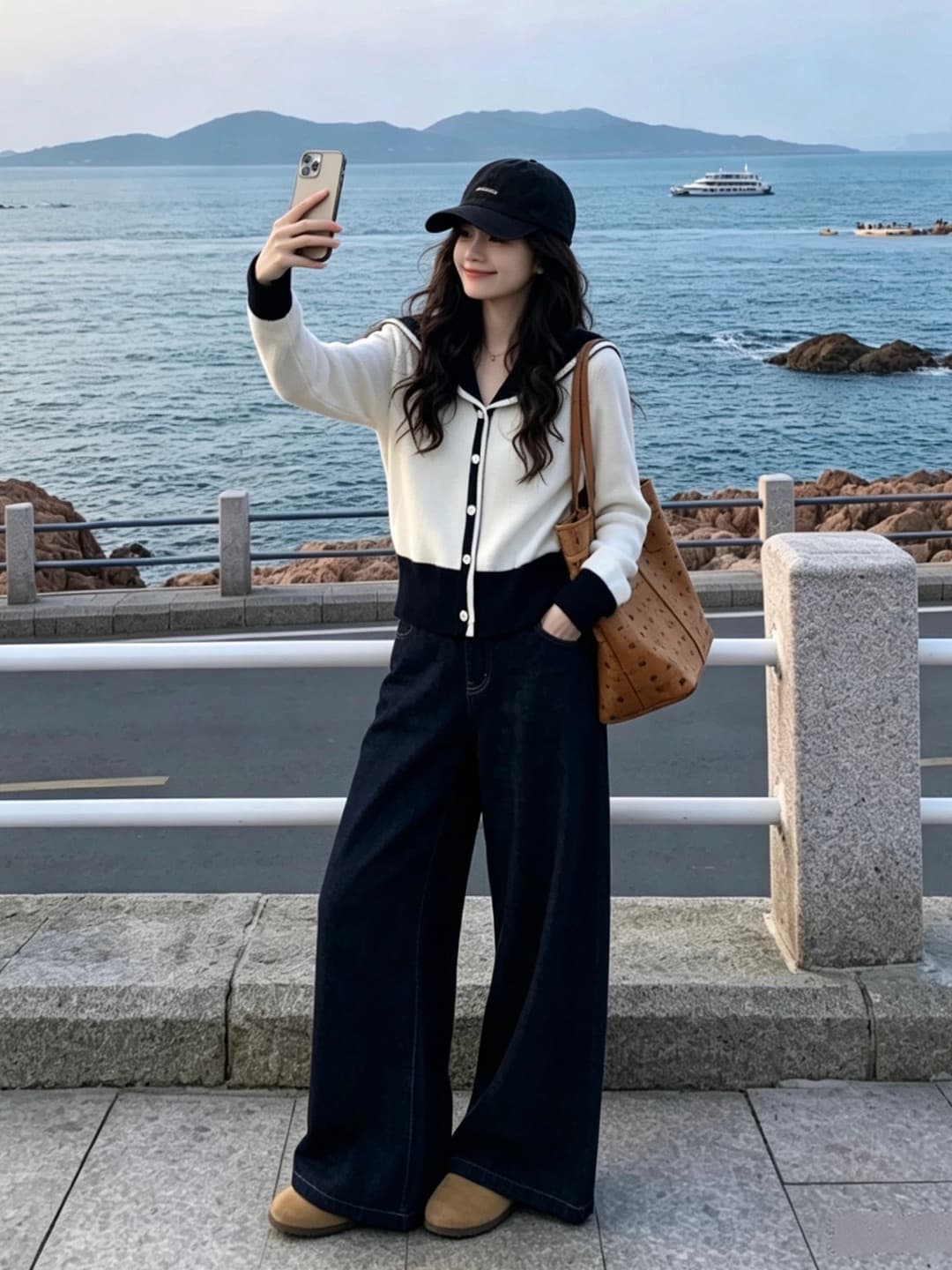 이른 가을 한 부서 달콤함 착용 가져 가라. 에이즈 환자 세트 여성 학원 스타일 해군 칼라 니트 오픈 가디건 와이드 레그 팬츠 어린이 투피스 세트 이미지 4