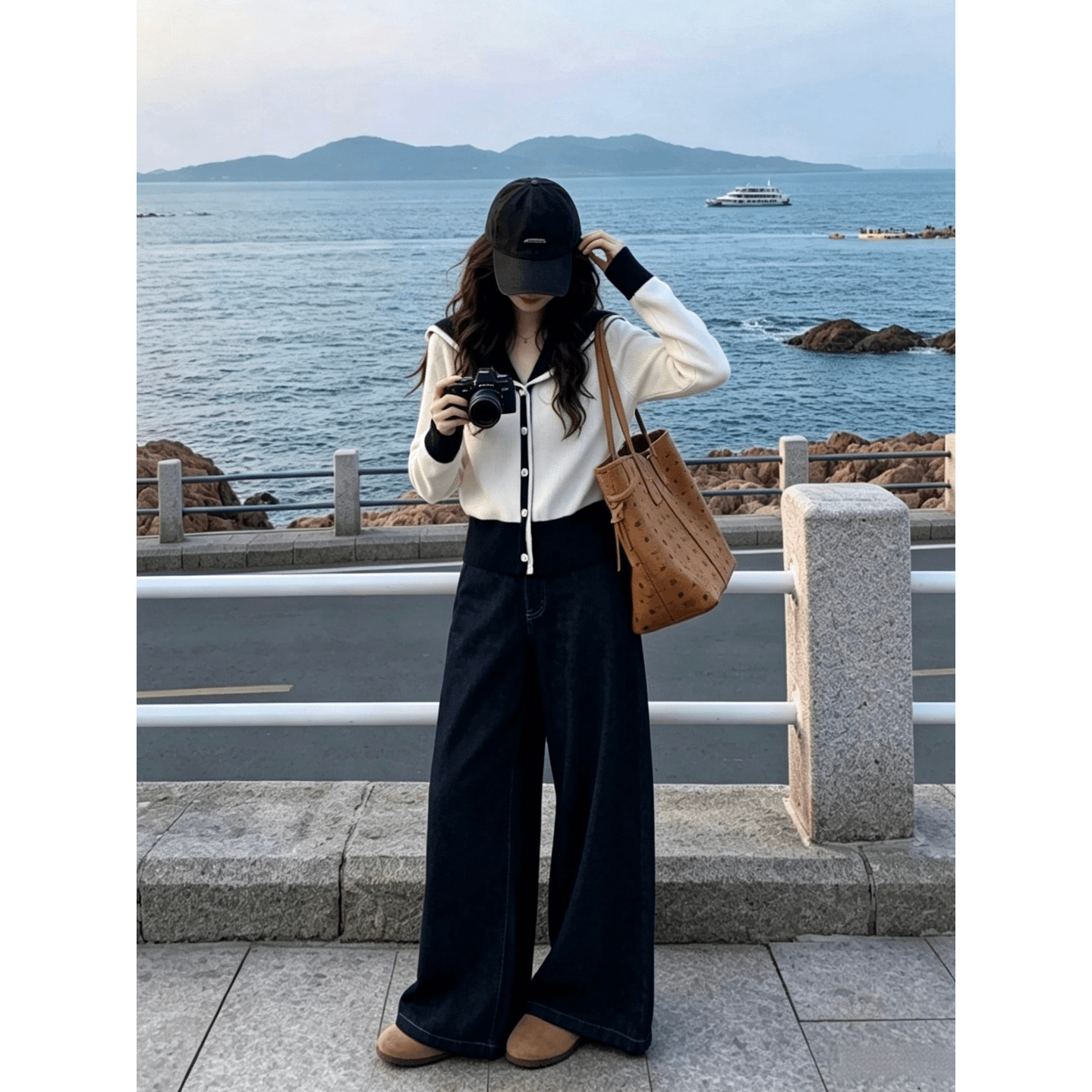 이른 가을 한 부서 달콤함 착용 가져 가라. 에이즈 환자 세트 여성 학원 스타일 해군 칼라 니트 오픈 가디건 와이드 레그 팬츠 어린이 투피스 세트 이미지 6