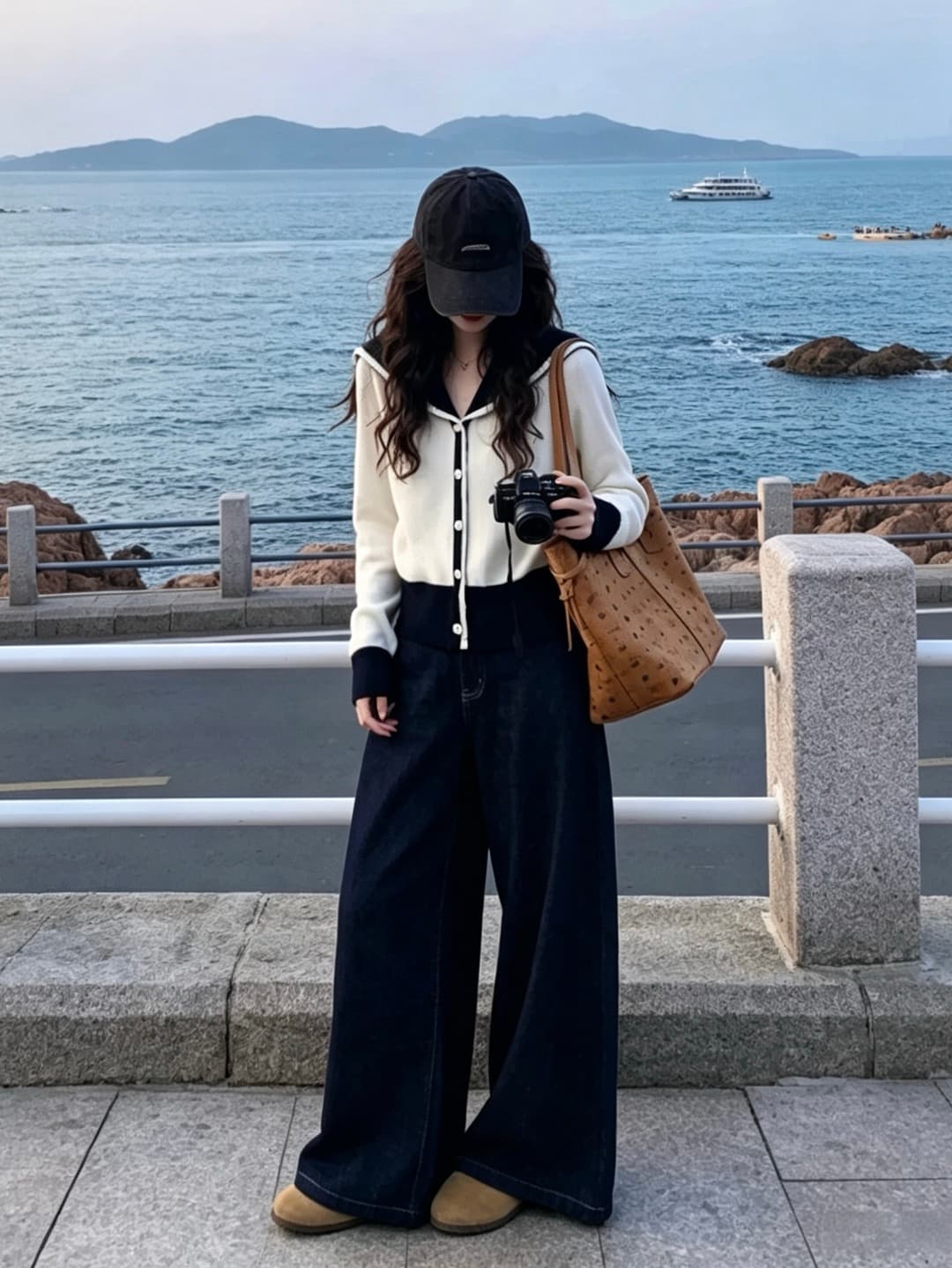 이른 가을 한 부서 달콤함 착용 가져 가라. 에이즈 환자 세트 여성 학원 스타일 해군 칼라 니트 오픈 가디건 와이드 레그 팬츠 어린이 투피스 세트 상세 이미지 1