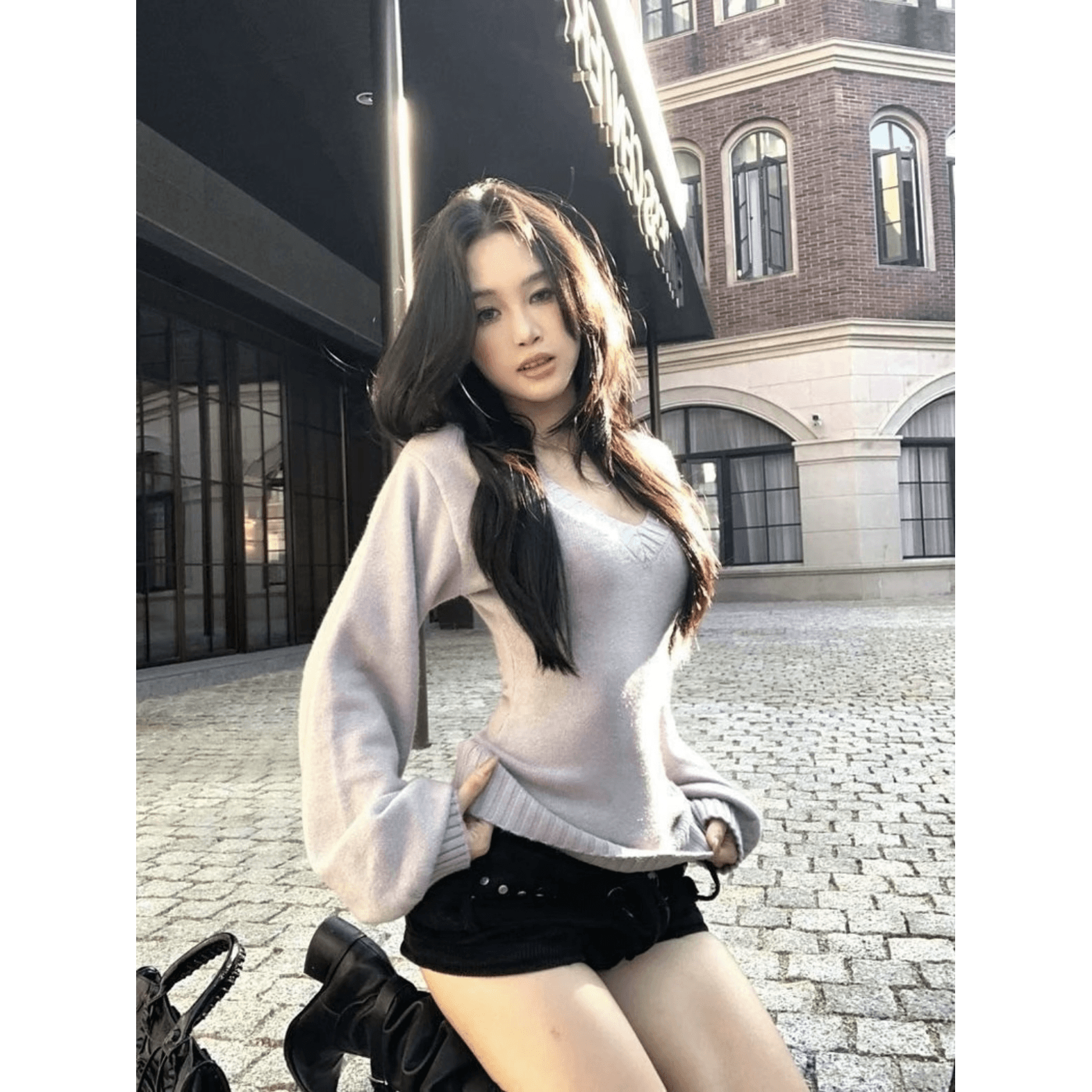 벌룬 소매 V넥 스웨터 여자 가을 겨울 인사이드 가져 가라. 수 있습니다. 외출용 회색 허리 수축 슬림해 보이는 니트 맨위 이미지 5