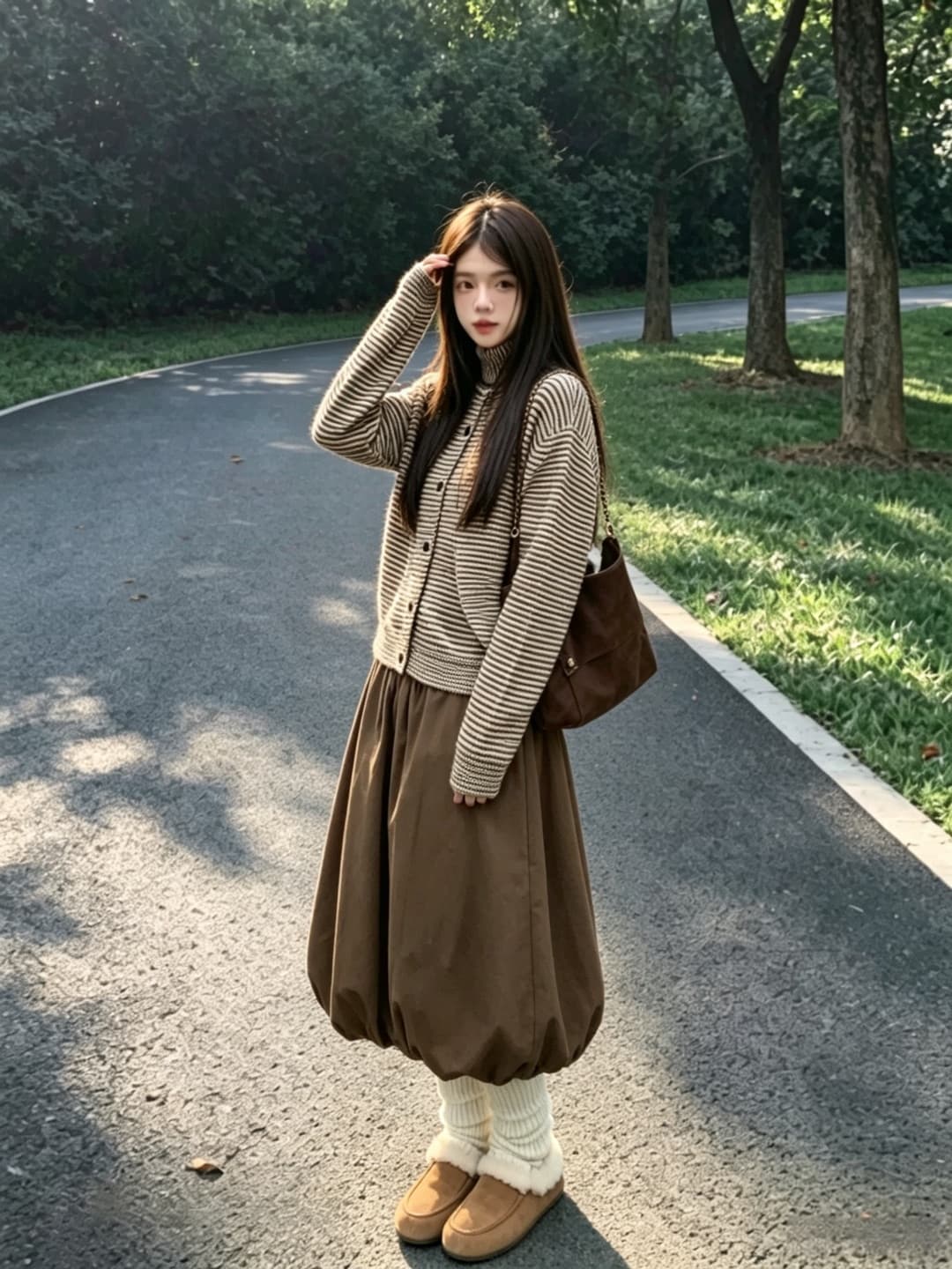 가을 겨울 새로운 니트 스웨터 오픈 가디건 스트라이프 스웨터 반신 스커트 이른 가을 레트로 캐주얼 루즈핏 느긋한 레트로 세트 이미지 3