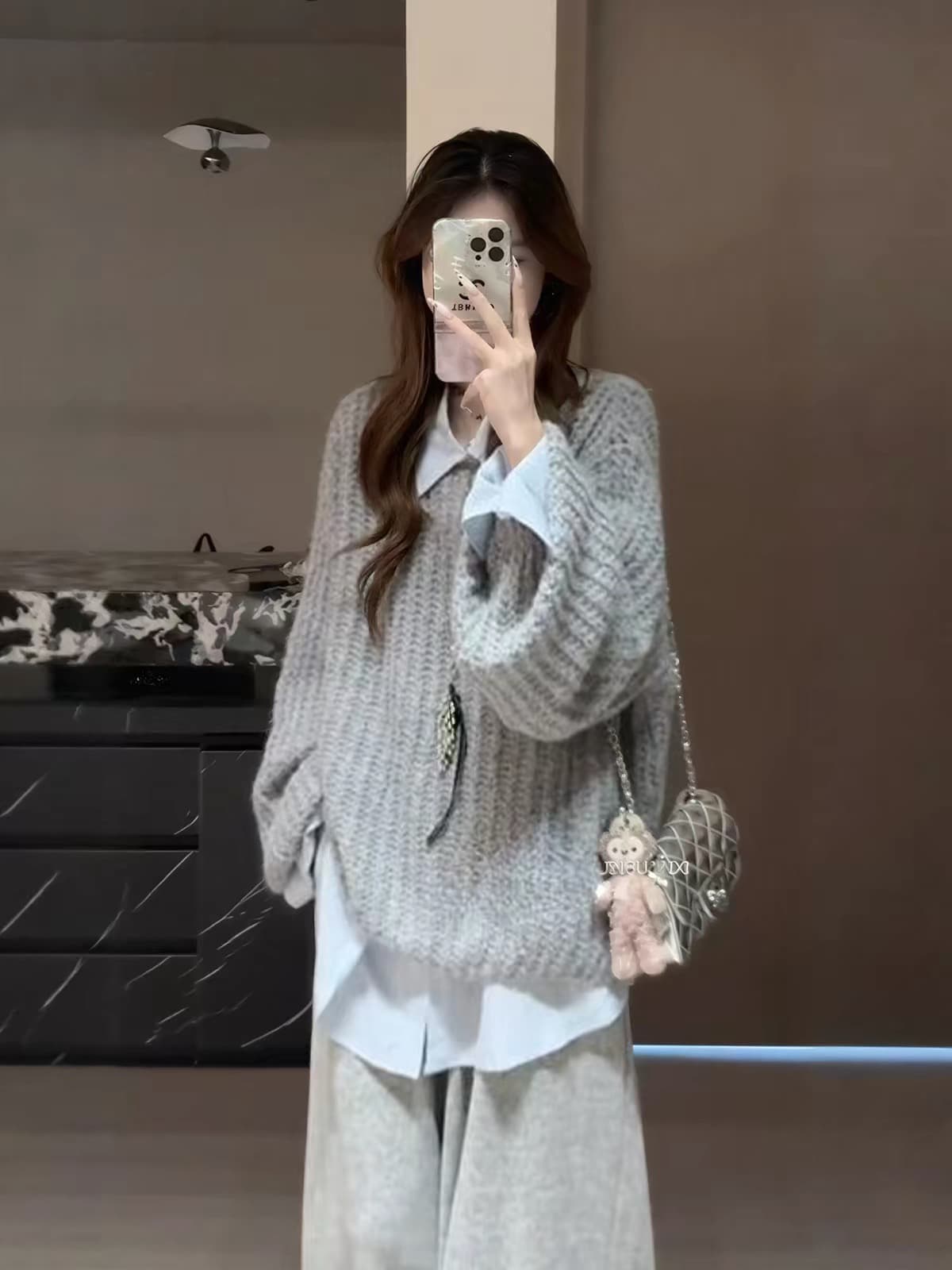 가을로 한 부서 느긋한 바람 전체 집합 니트 스웨터 스웨터 파란색 셔츠 와이드 레그 팬츠 느슨함 센스 캐주얼 세트 여성 이미지 3