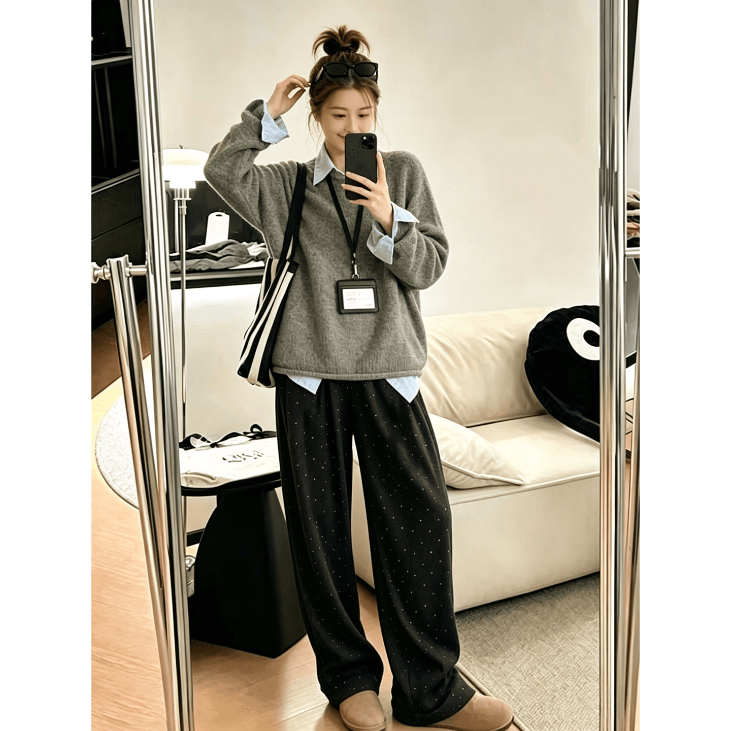 가을 겨울 새로운 느슨함 센스 느긋한 긴팔 니트 스웨터 스웨터 바지 슬림해 보이는 연령 감소 자이언트 잘 생긴 세 조각 세트 여성 이미지 5