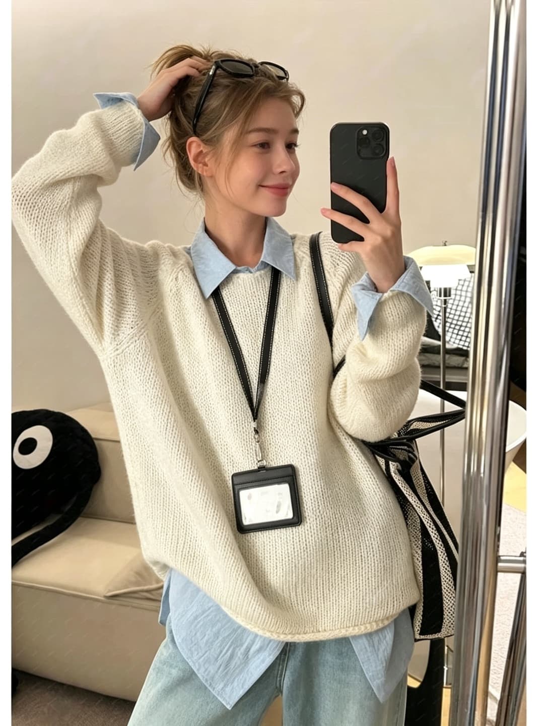 가을 겨울 새로운 느슨함 센스 느긋한 긴팔 니트 스웨터 스웨터 바지 슬림해 보이는 연령 감소 자이언트 잘 생긴 세 조각 세트 여성 이미지 3