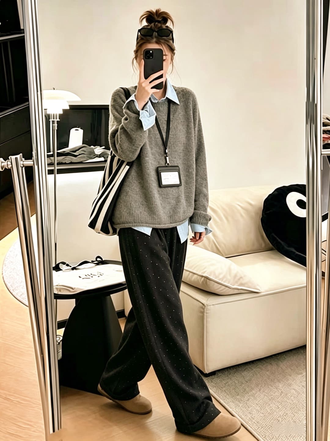 가을 겨울 새로운 느슨함 센스 느긋한 긴팔 니트 스웨터 스웨터 바지 슬림해 보이는 연령 감소 자이언트 잘 생긴 세 조각 세트 여성 상세 이미지 8