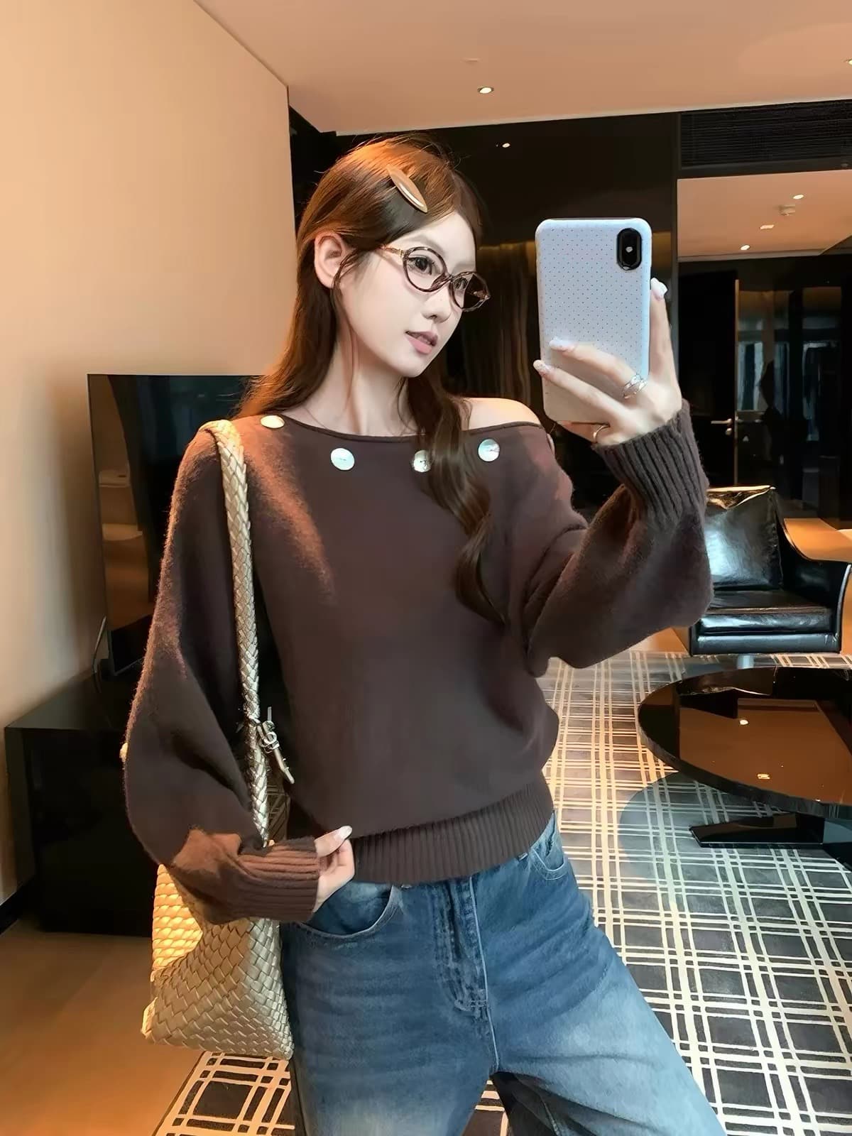 고유 한 아름다운 이른 가을 보트넥 기본 셔츠 여성 인사이드 가져 가라. 느슨함 센스 느긋한 오프숄더 스웨터 긴팔 니트 맨위 이미지 2