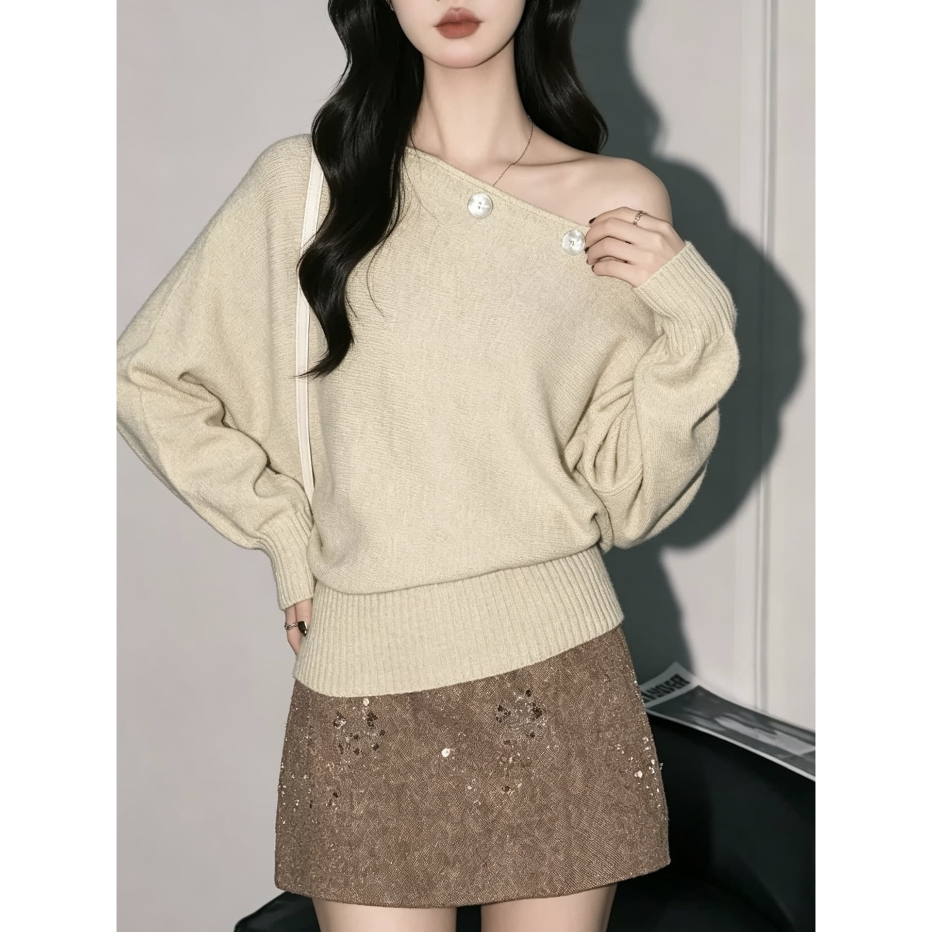 고유 한 아름다운 이른 가을 보트넥 기본 셔츠 여성 인사이드 가져 가라. 느슨함 센스 느긋한 오프숄더 스웨터 긴팔 니트 맨위 이미지 5