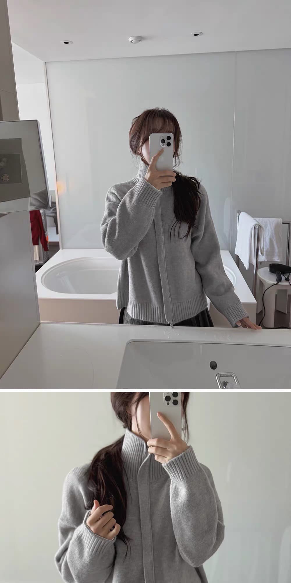 한국 레트로 느긋한 바람 터틀넥 지퍼 니트 오픈 가디건 여성 루즈핏 슬림해 보이는 스웨터 코트 상세 이미지 4