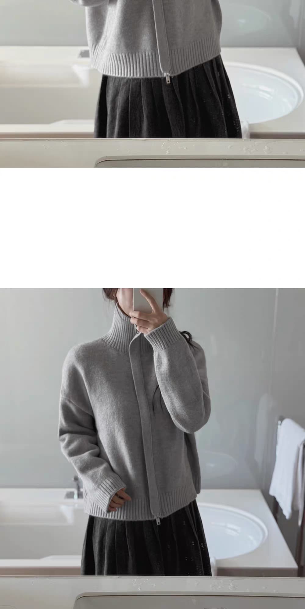 한국 레트로 느긋한 바람 터틀넥 지퍼 니트 오픈 가디건 여성 루즈핏 슬림해 보이는 스웨터 코트 상세 이미지 5