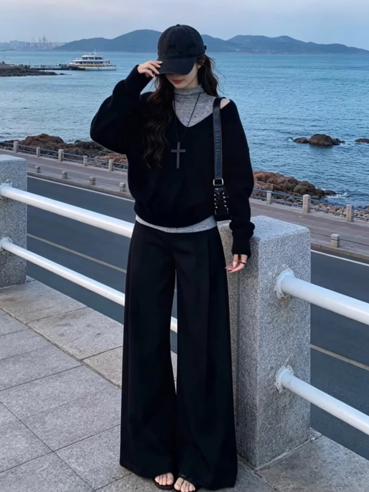 한 부서 자이언트 잘 생긴 이른 가을 착용 가져 가라. 전체 집합 2026 새로운 검정색 맨위 여성 조끼 와이드 레그 팬츠 세 조각 세트 상세 이미지 1