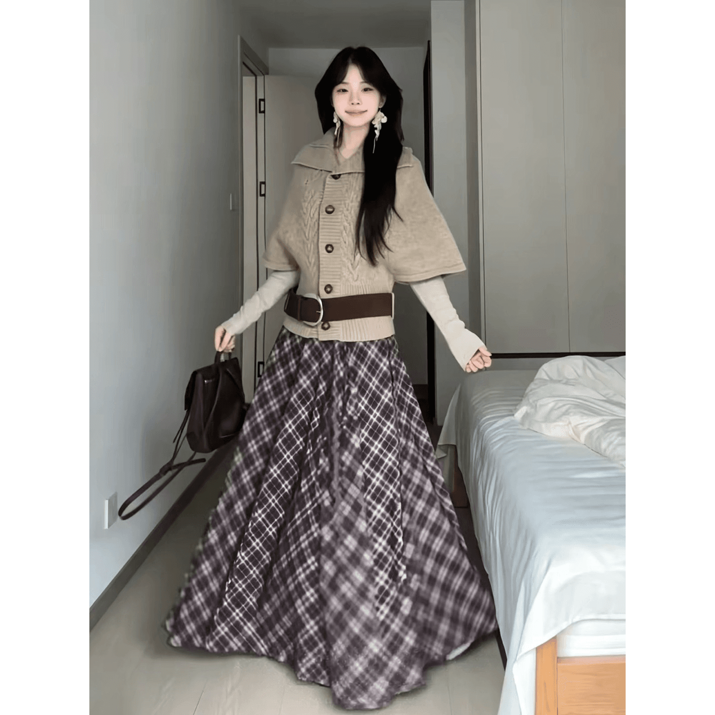 느긋한 바람 폴로 칼라 니트 오픈 가디건 망토 스웨터 여자 이른 가을 착용 가져 가라. 스택 착용 인사이드 가져 가라. 체크무늬 롱 스커트 세 조각 세트 이미지 5
