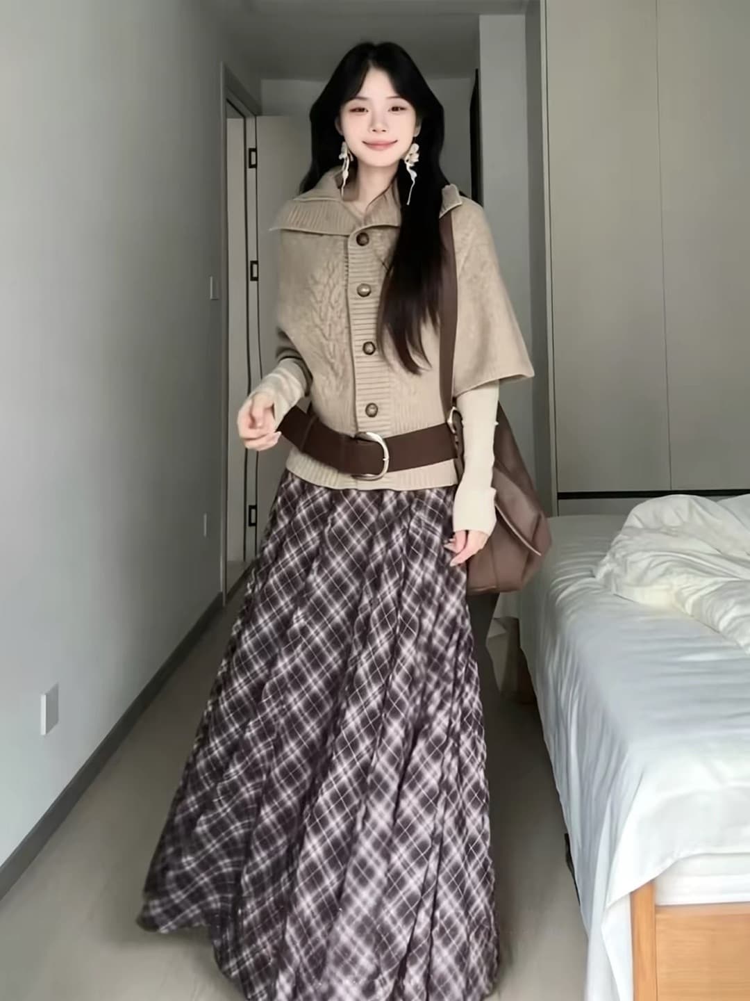 느긋한 바람 폴로 칼라 니트 오픈 가디건 망토 스웨터 여자 이른 가을 착용 가져 가라. 스택 착용 인사이드 가져 가라. 체크무늬 롱 스커트 세 조각 세트 상세 이미지 4