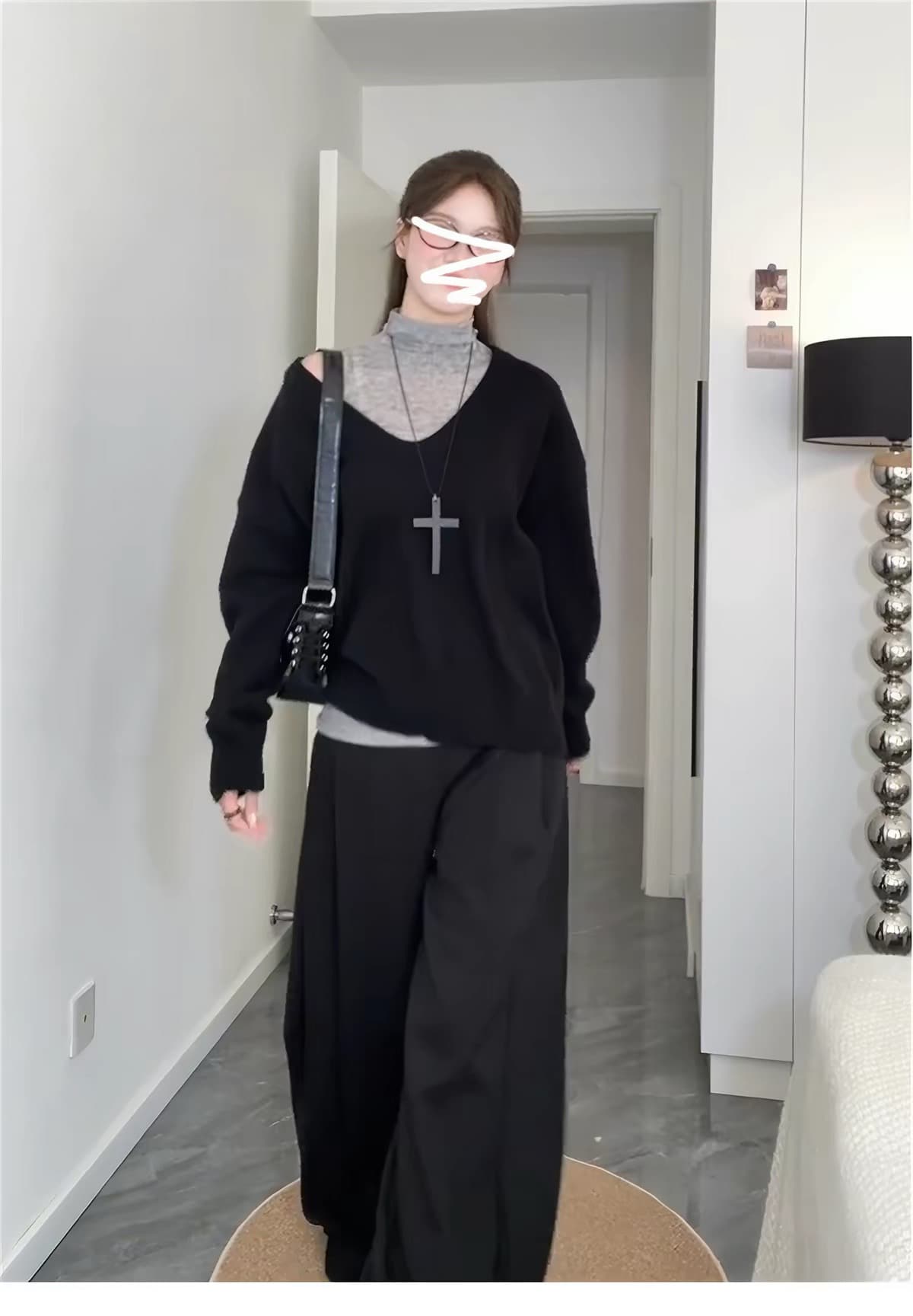 한 부서 자이언트 잘 생긴 이른 가을 착용 가져 가라. 전체 집합 2026 새로운 검정색 맨위 여성 조끼 와이드 레그 팬츠 세 조각 세트 이미지 4