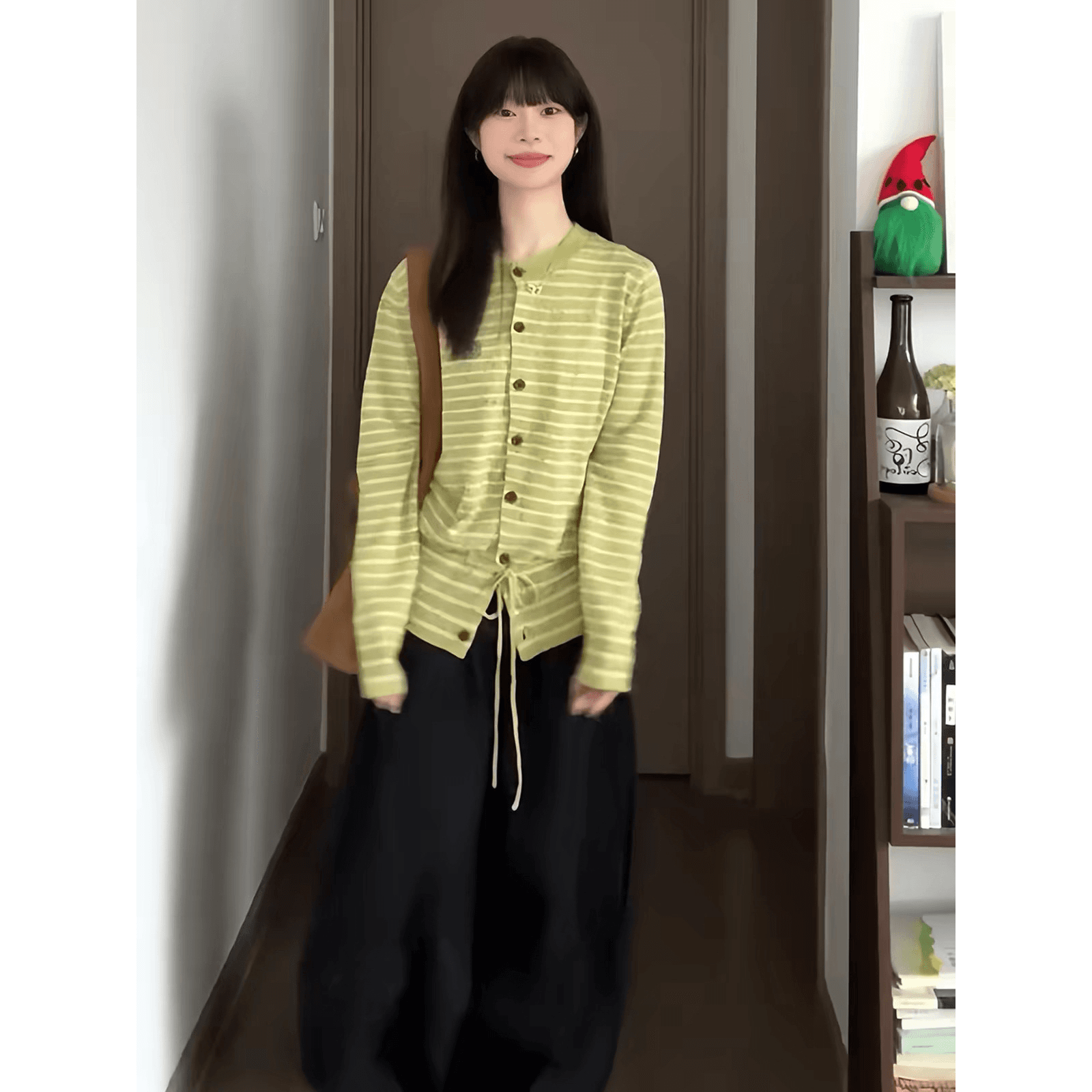 녹색 스트라이프 레이스업 니트 카디건 코트 자이언트 잘 생긴 스웨터 다용도 여성 가을 2026 슈퍼 화재 연령 감소 세트 이미지 5