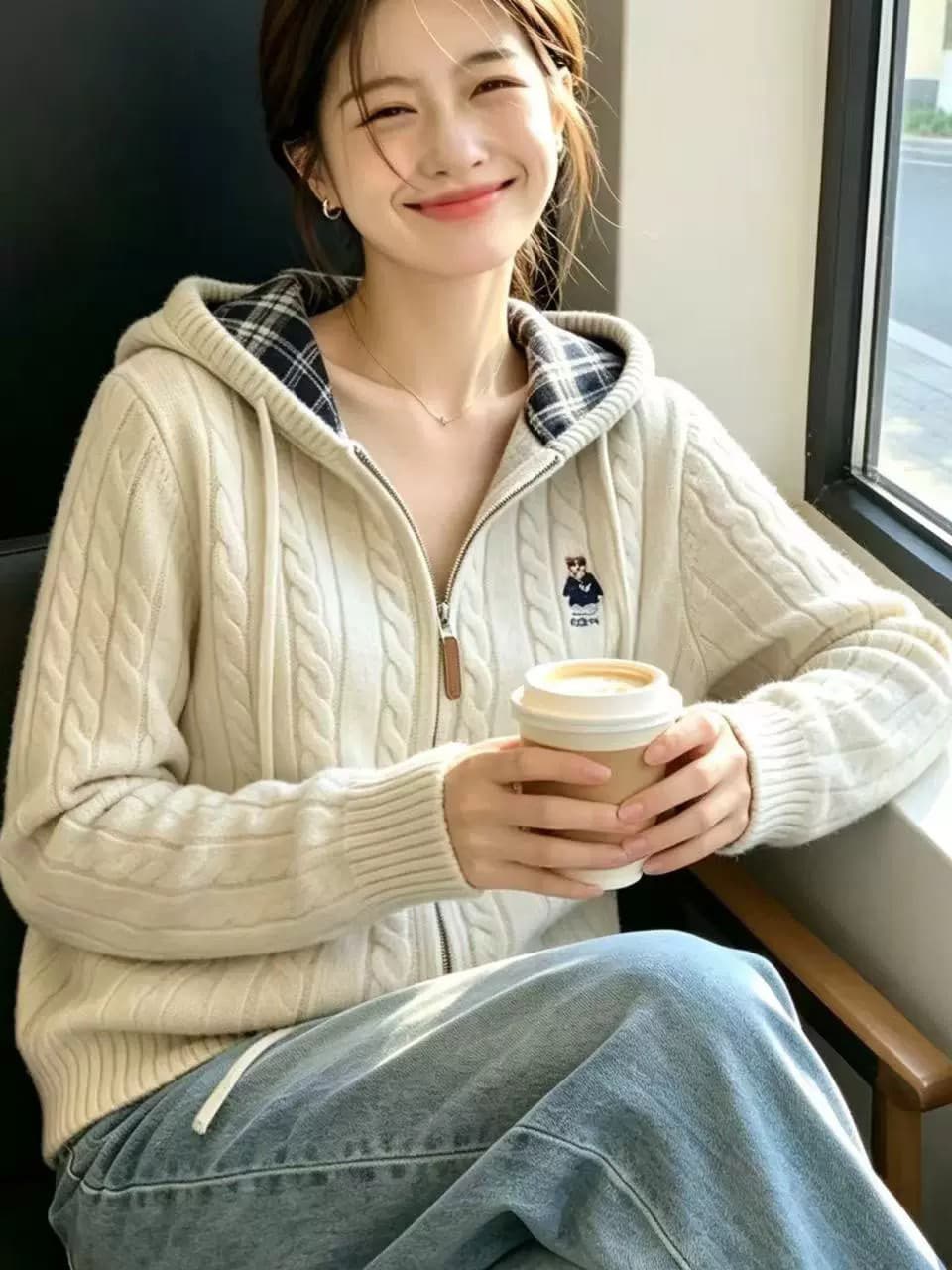 보존 섹션 추천 자수 후드 지퍼 꽈배기 니트 오픈 가디건 여성 가을 겨울 새로운 느긋한 바람 다용도 재킷 이미지 4