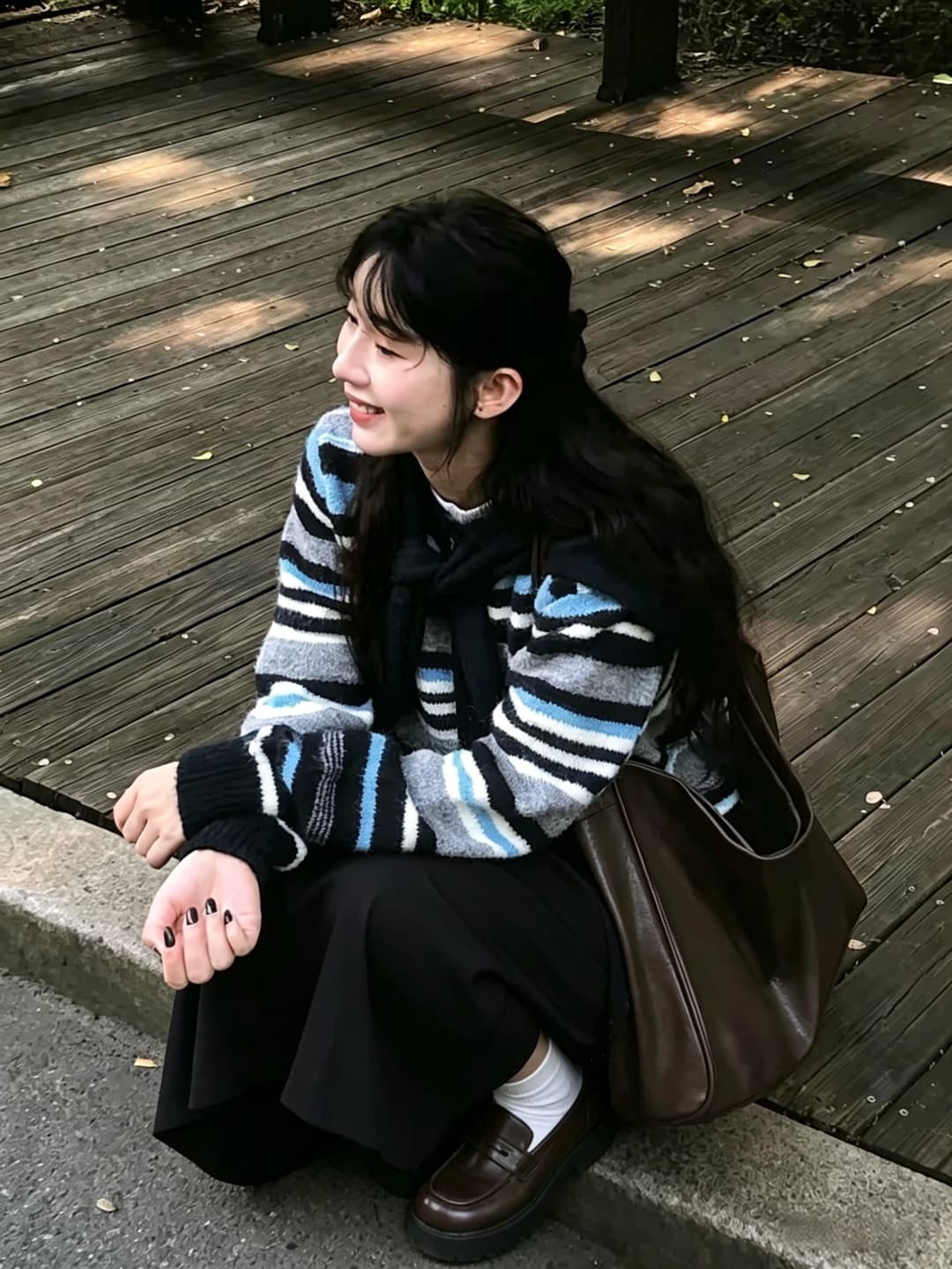 가을 겨울 벨트 숄 배색 스트라이프 스웨터 오픈 가디건 여성 코트 작은 키 루즈핏 다용도 맨위 반신 치마 세트 이미지 3