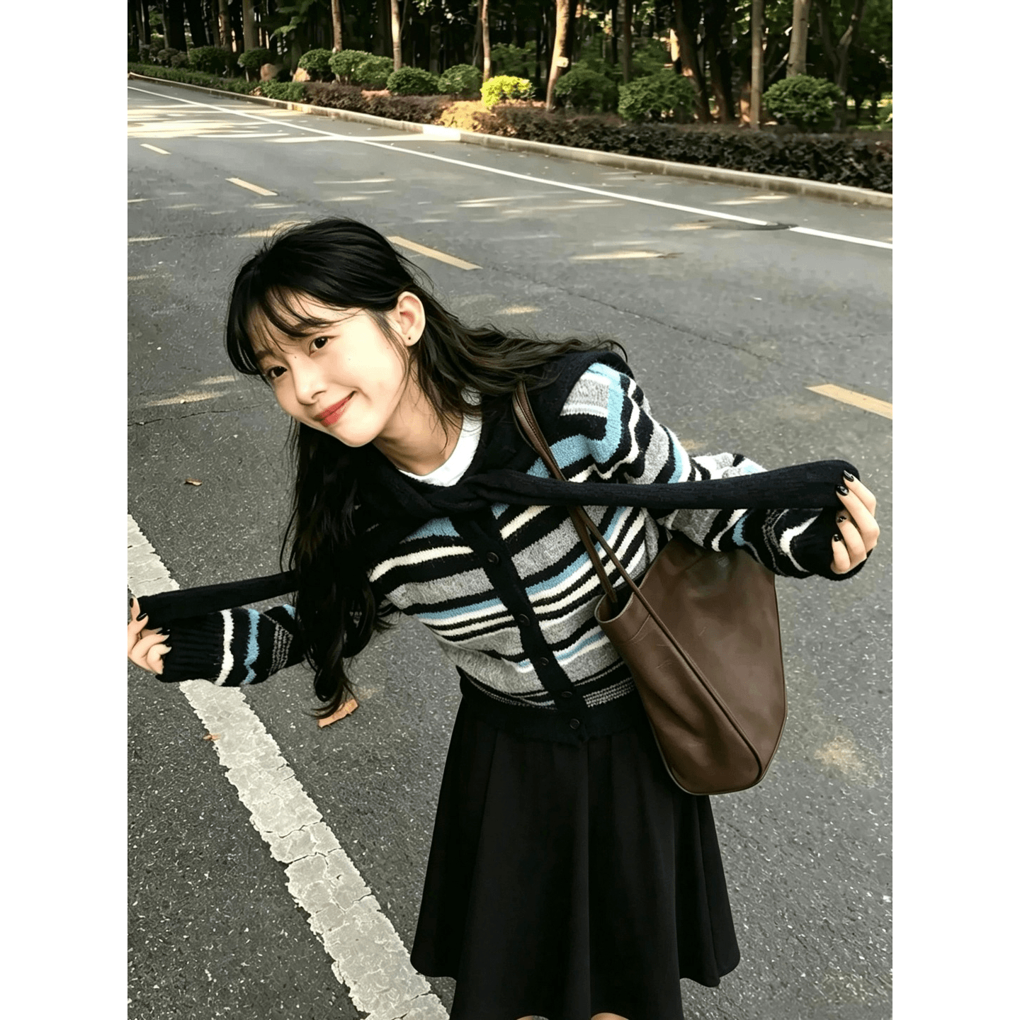 가을 겨울 벨트 숄 배색 스트라이프 스웨터 오픈 가디건 여성 코트 작은 키 루즈핏 다용도 맨위 반신 치마 세트 이미지 5