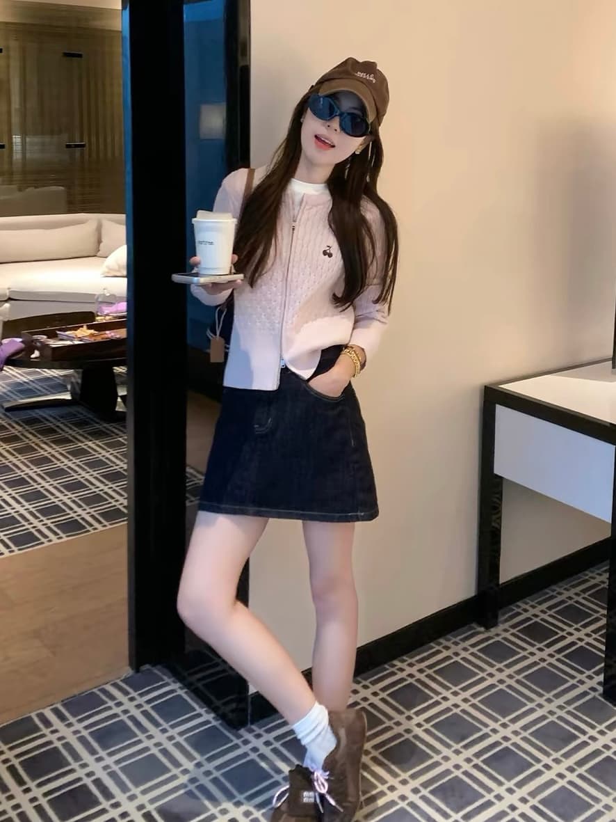 한 부서 자수 지퍼 니트 스웨터 여성 가을 몸매 가꾸기 슬림해 보이는 라운드 넥 긴팔 달콤함 캐주얼 니트 스웨터 3종 세트