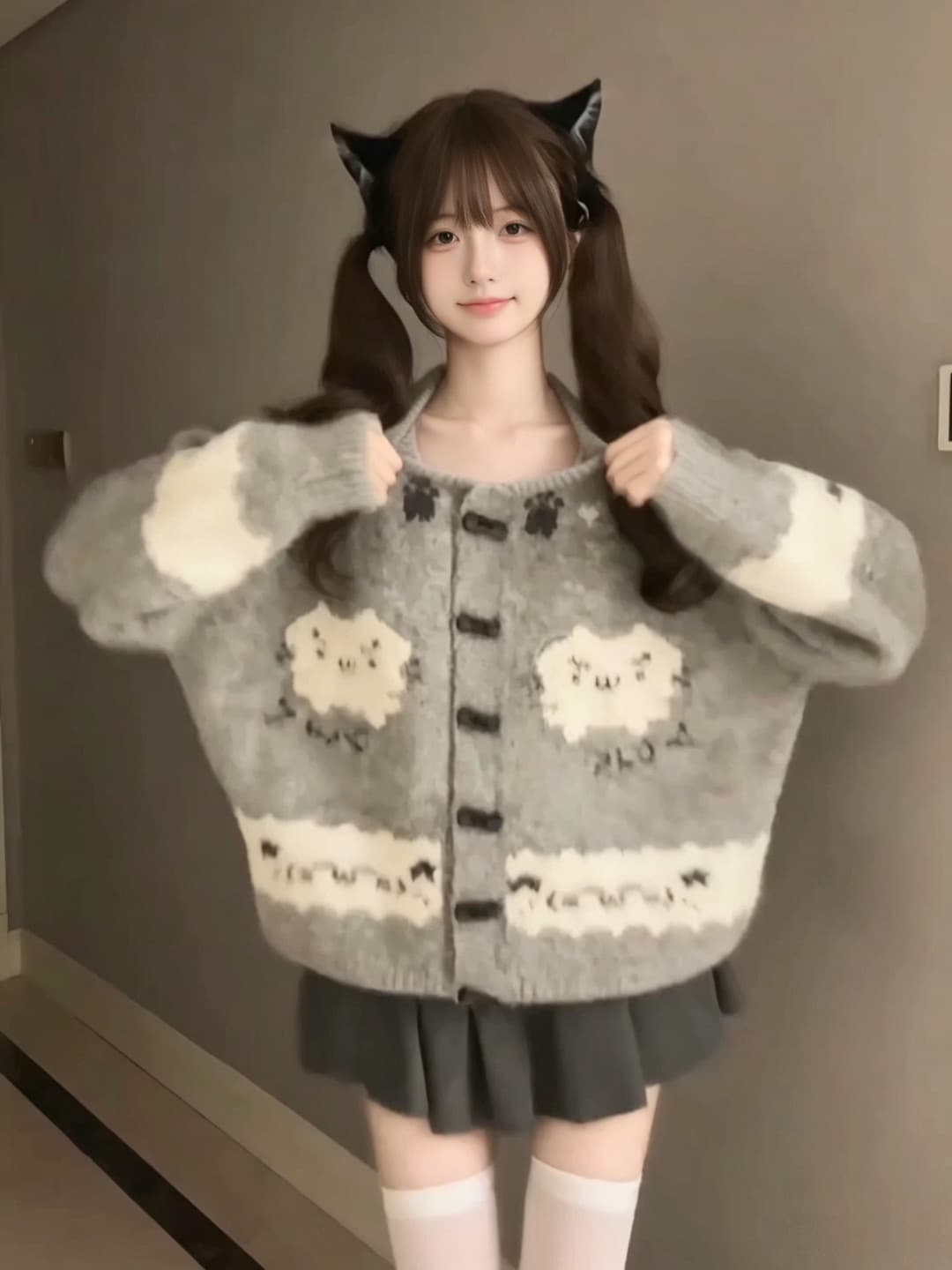 가을 겨울 만화 재미있는 회색 스웨터 코트 반신 스커트 가을 겨울 부드러운 찹쌀 귀여운 작은 키 연령 감소 투피스 슈트 상세 이미지 7